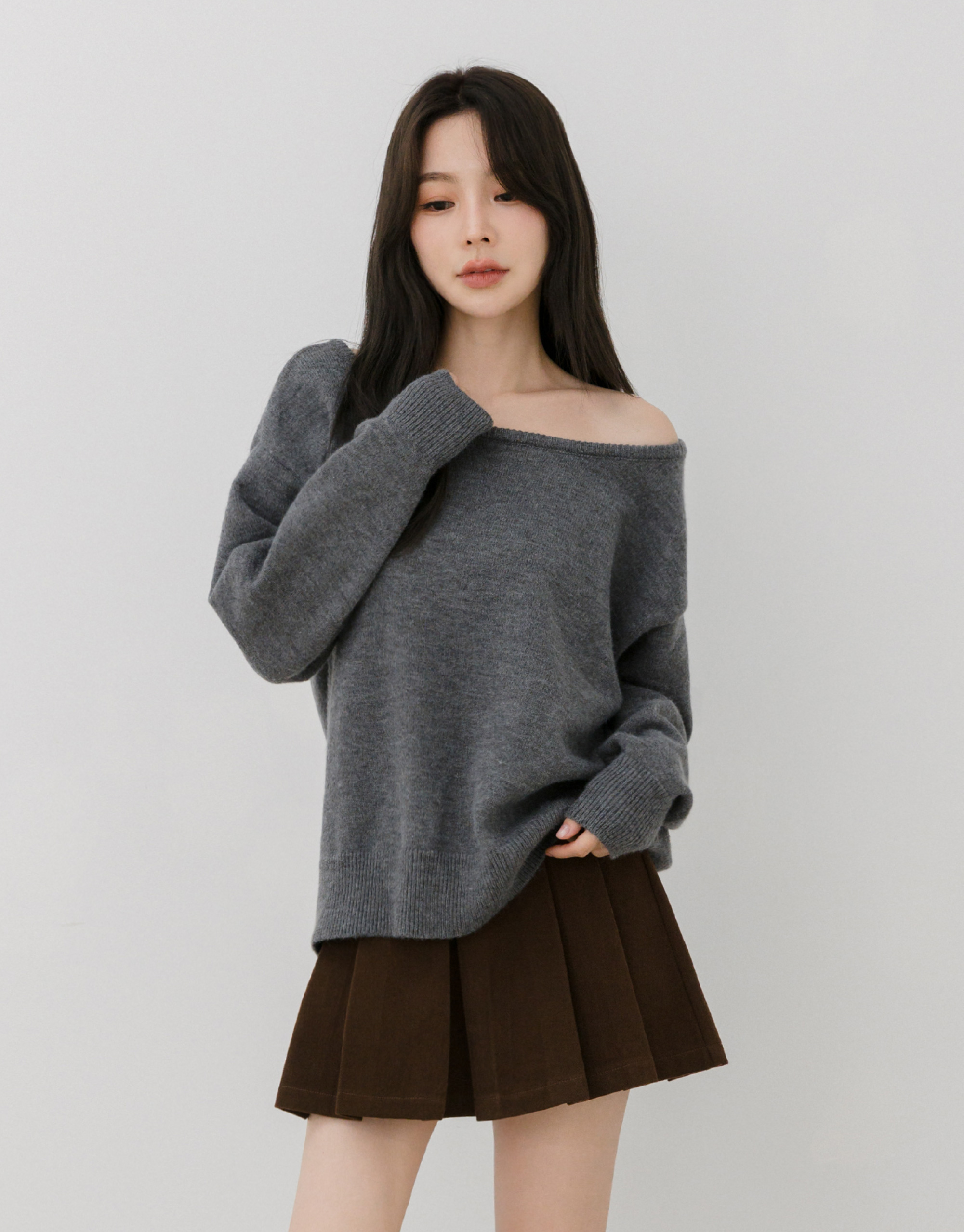 斜肩針織毛衣