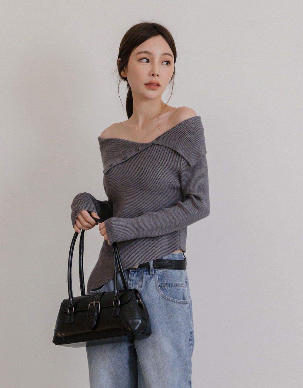 翻領不對稱針織上衣