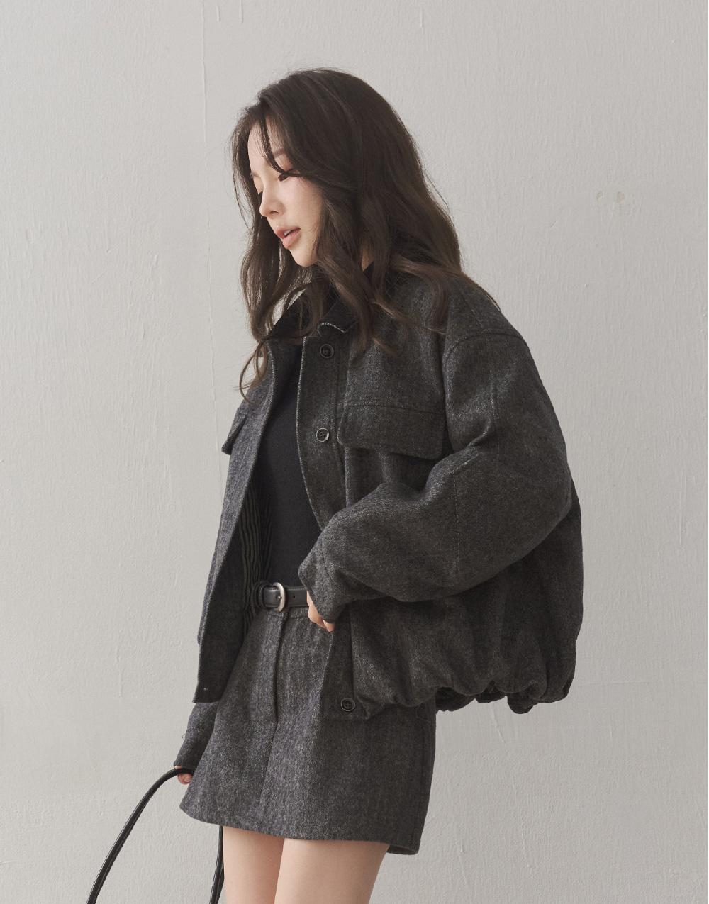羊毛拼接翻領排釦鋪棉外套