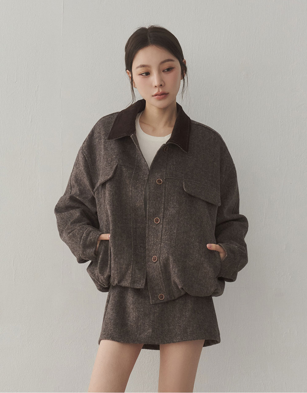 羊毛拼接翻領排釦鋪棉外套