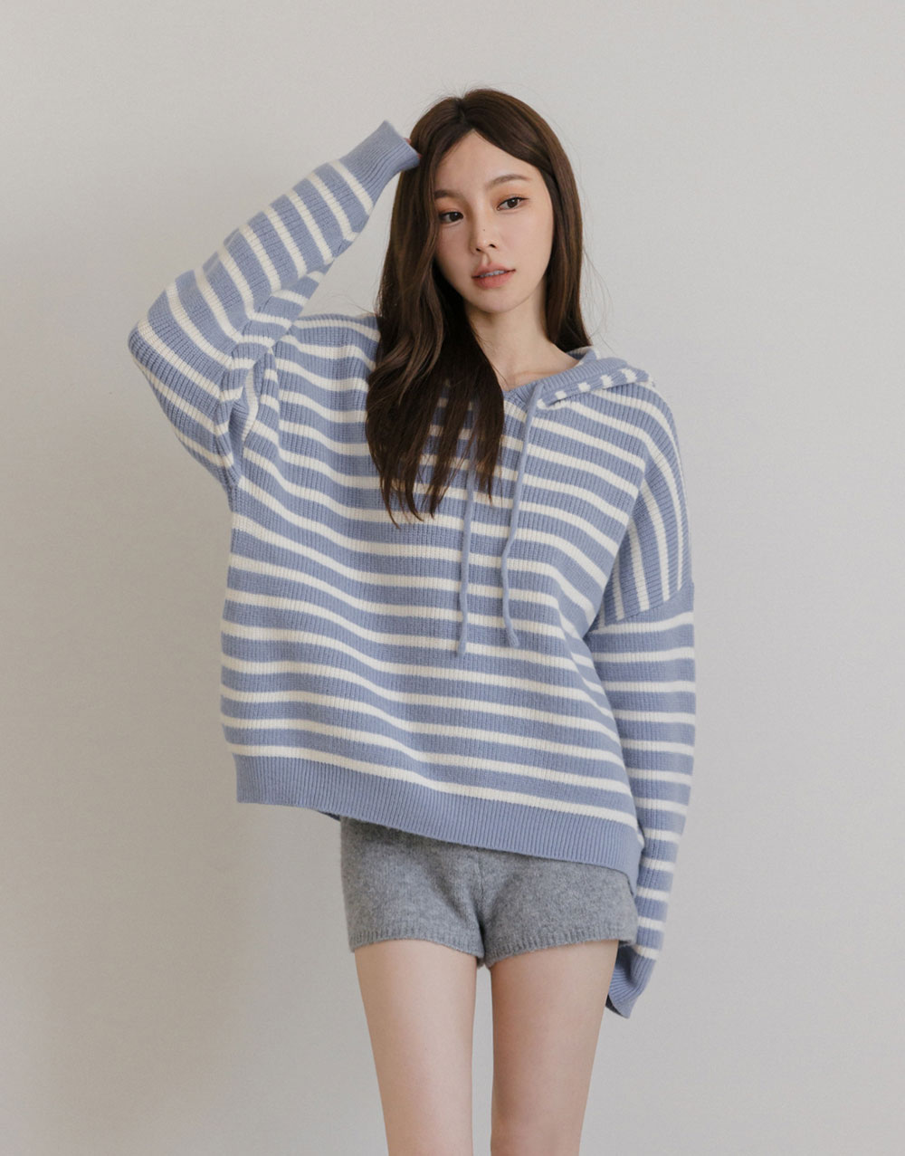 撞色條紋連帽針織上衣