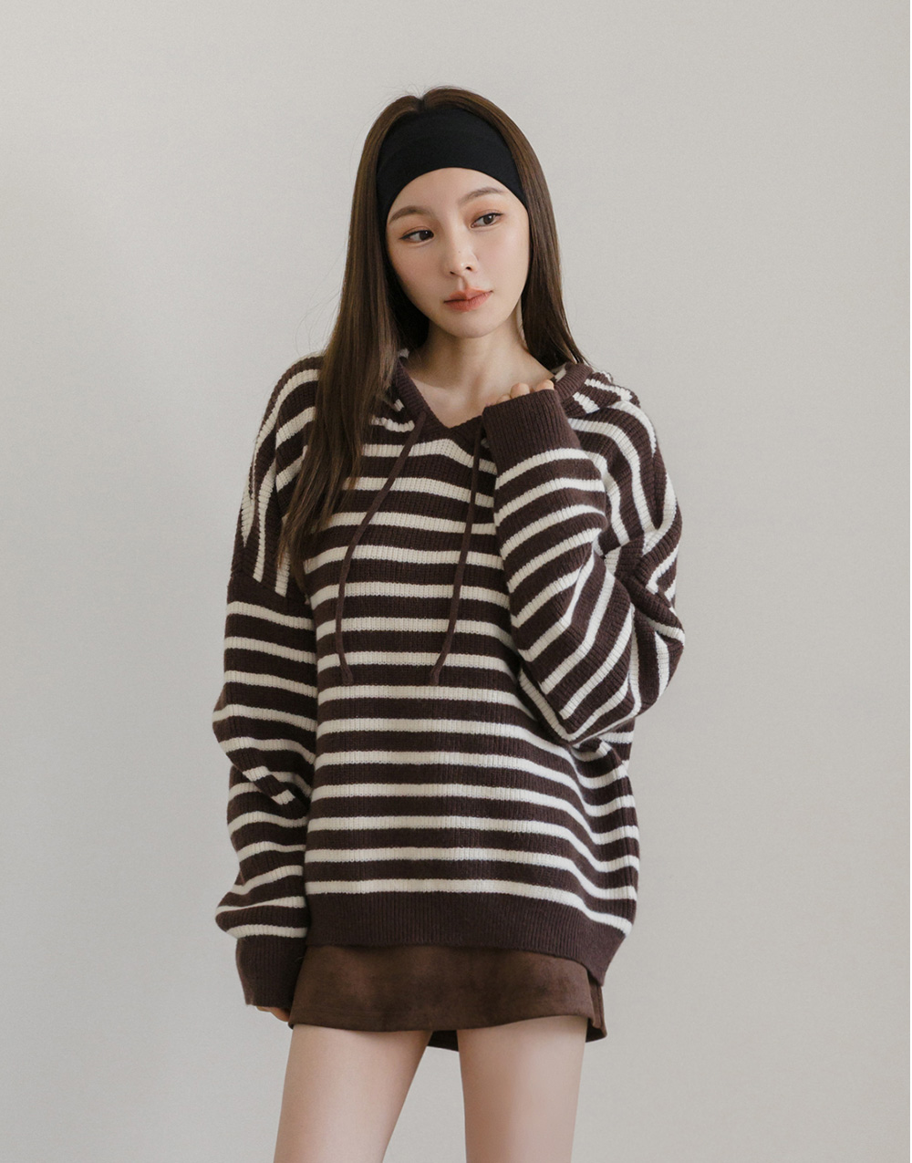 撞色條紋連帽針織上衣