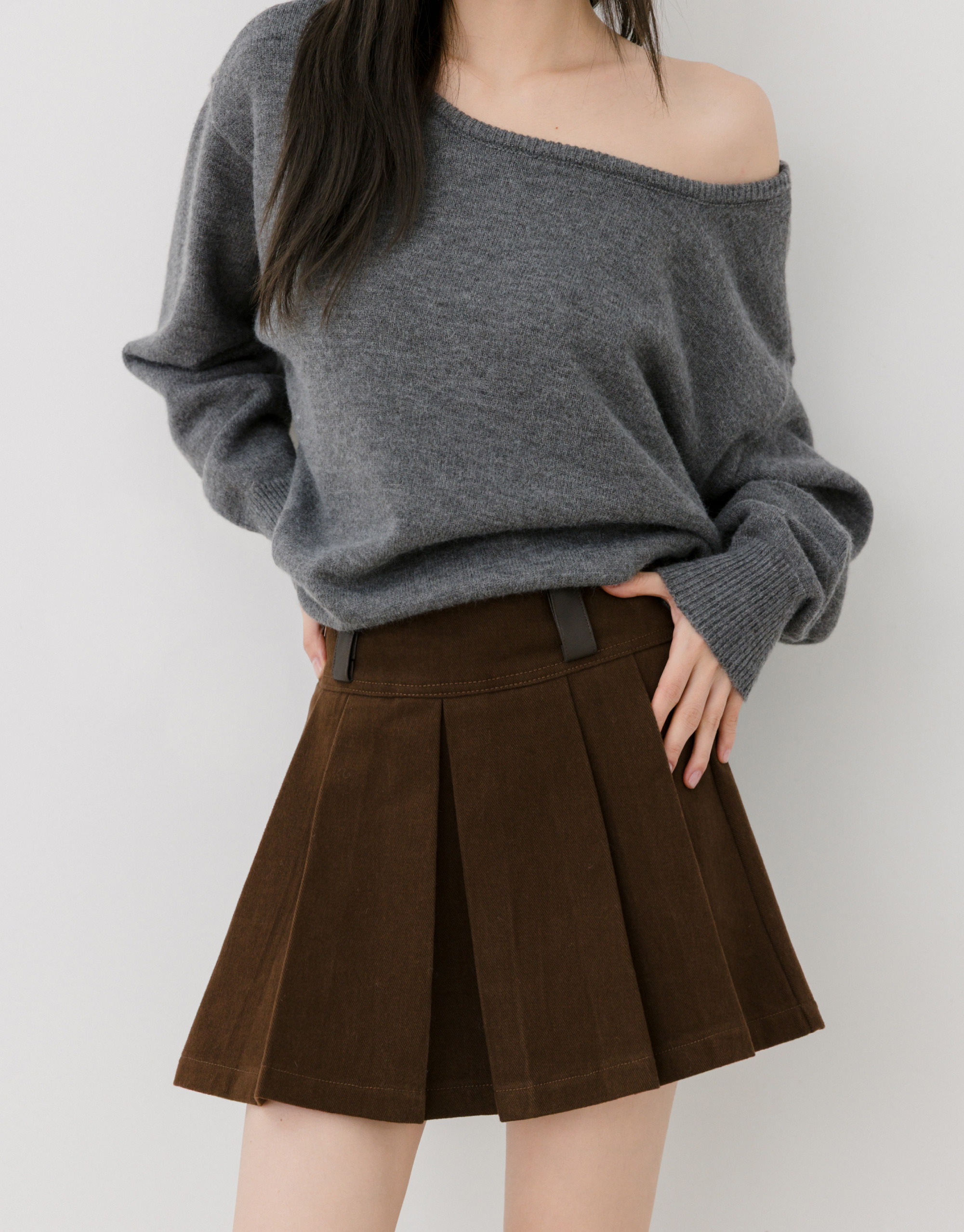 拼接皮質百褶短裙