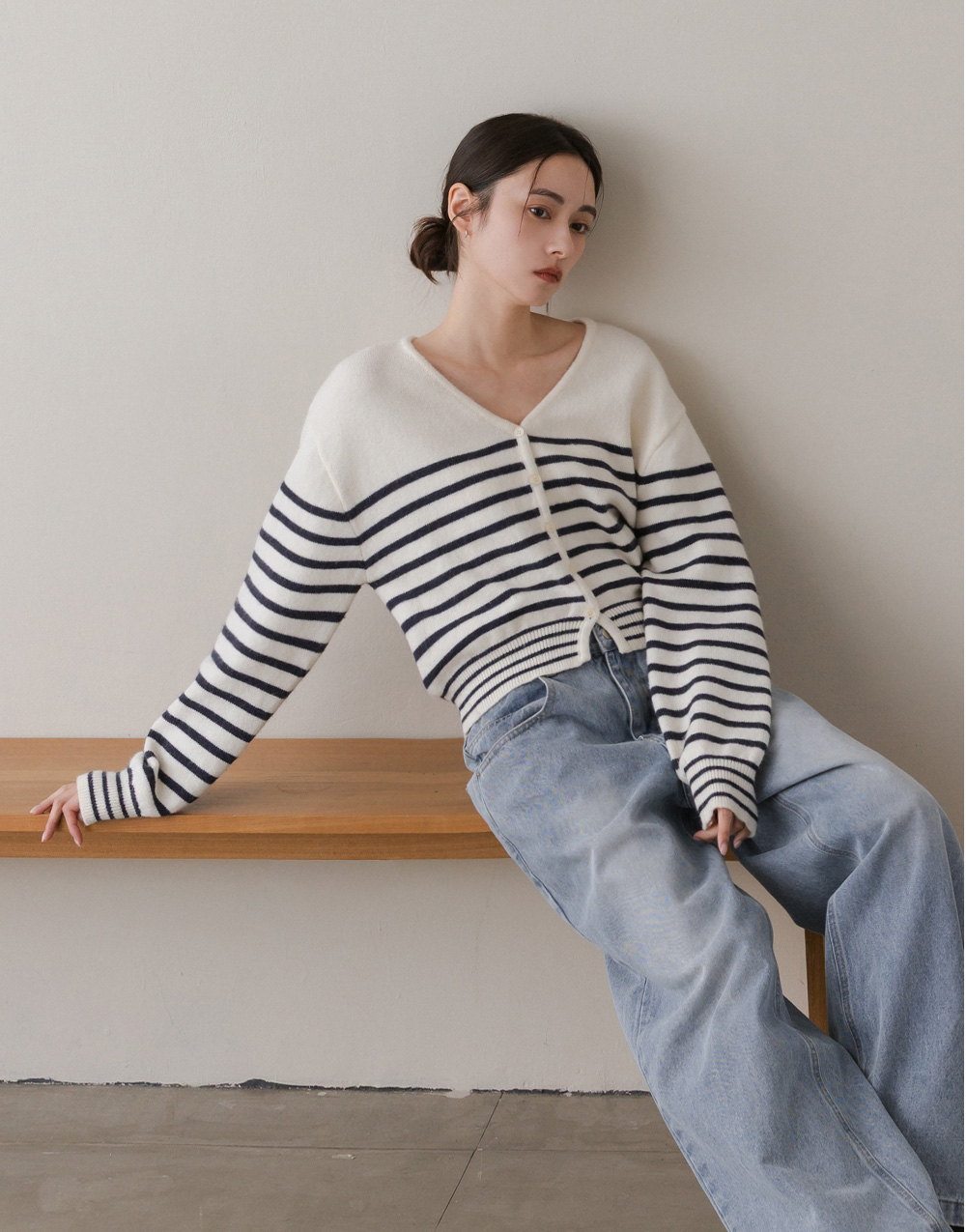 V領條紋針織小外套