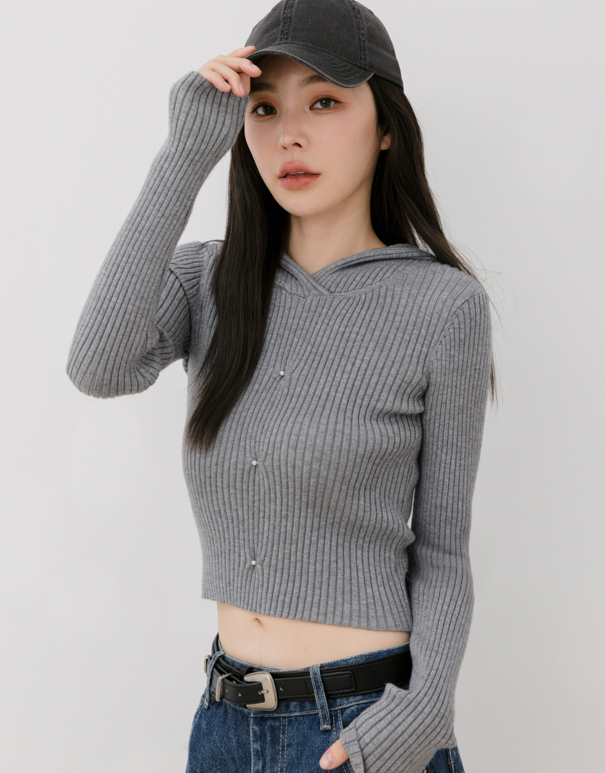 連帽珍珠坑條針織上衣