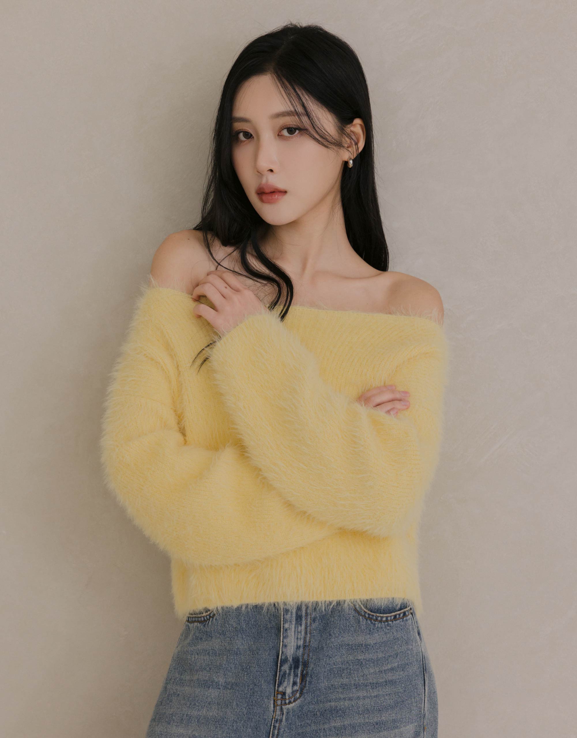 一字領仿貂毛針織毛衣