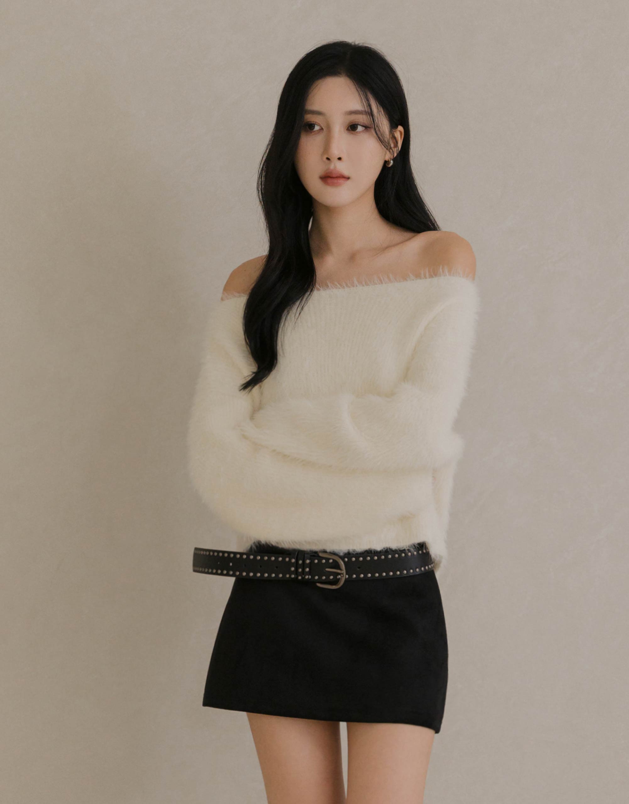 一字領仿貂毛針織毛衣