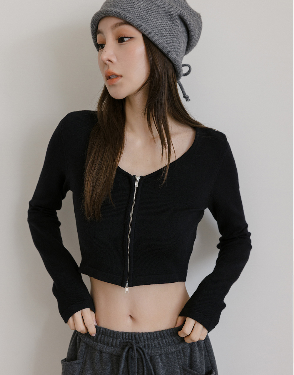 V領雙拉鍊針織上衣