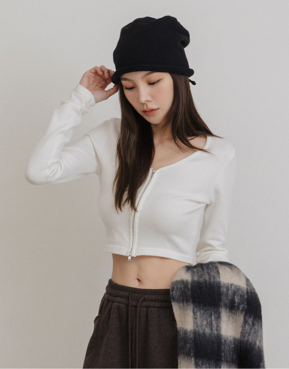 V領雙拉鍊針織上衣