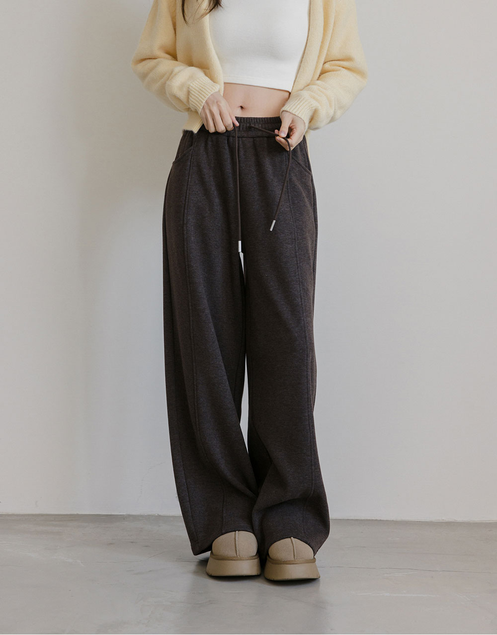 內加絨抽繩剪接長褲