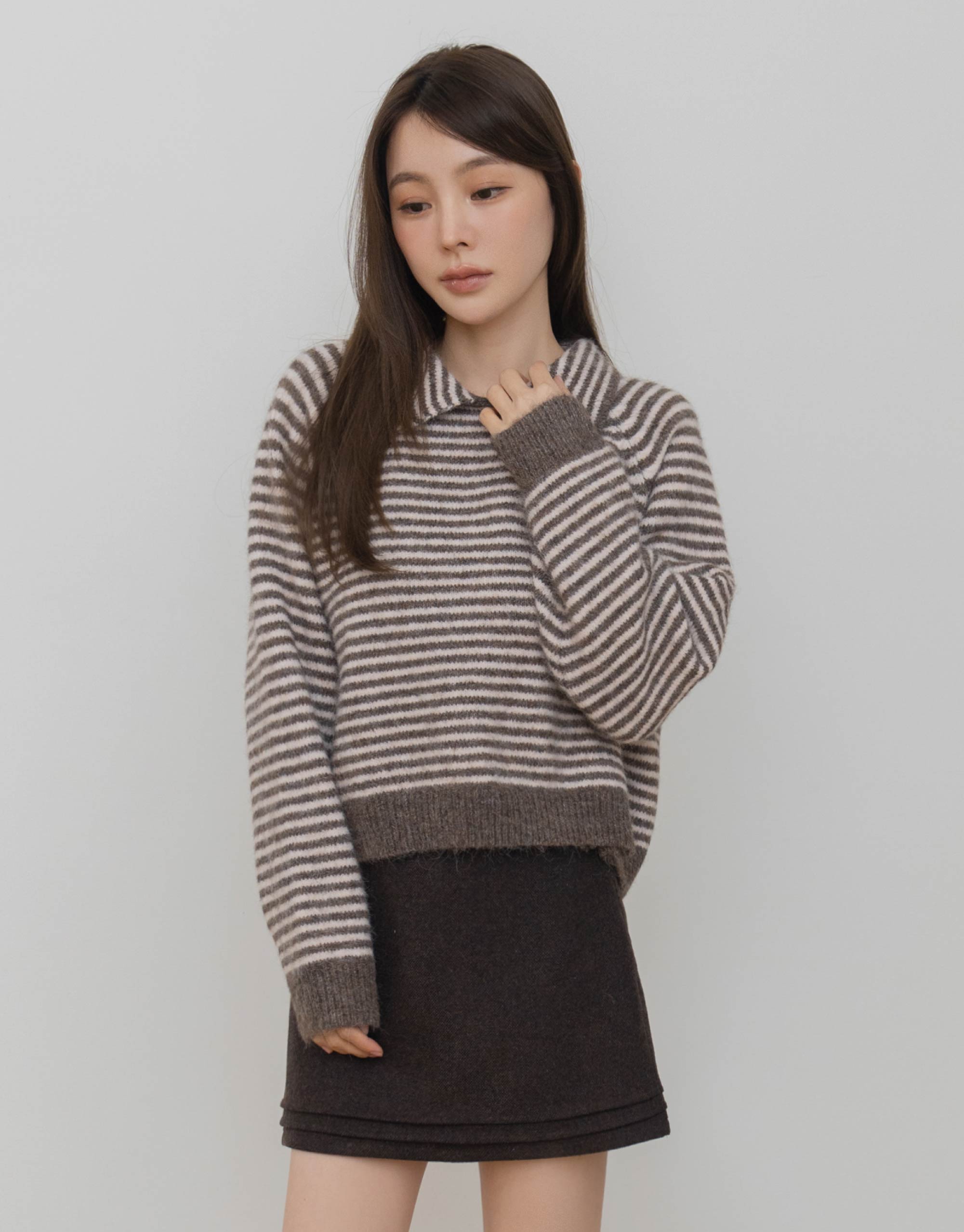 羊毛襯衫領條紋針織上衣