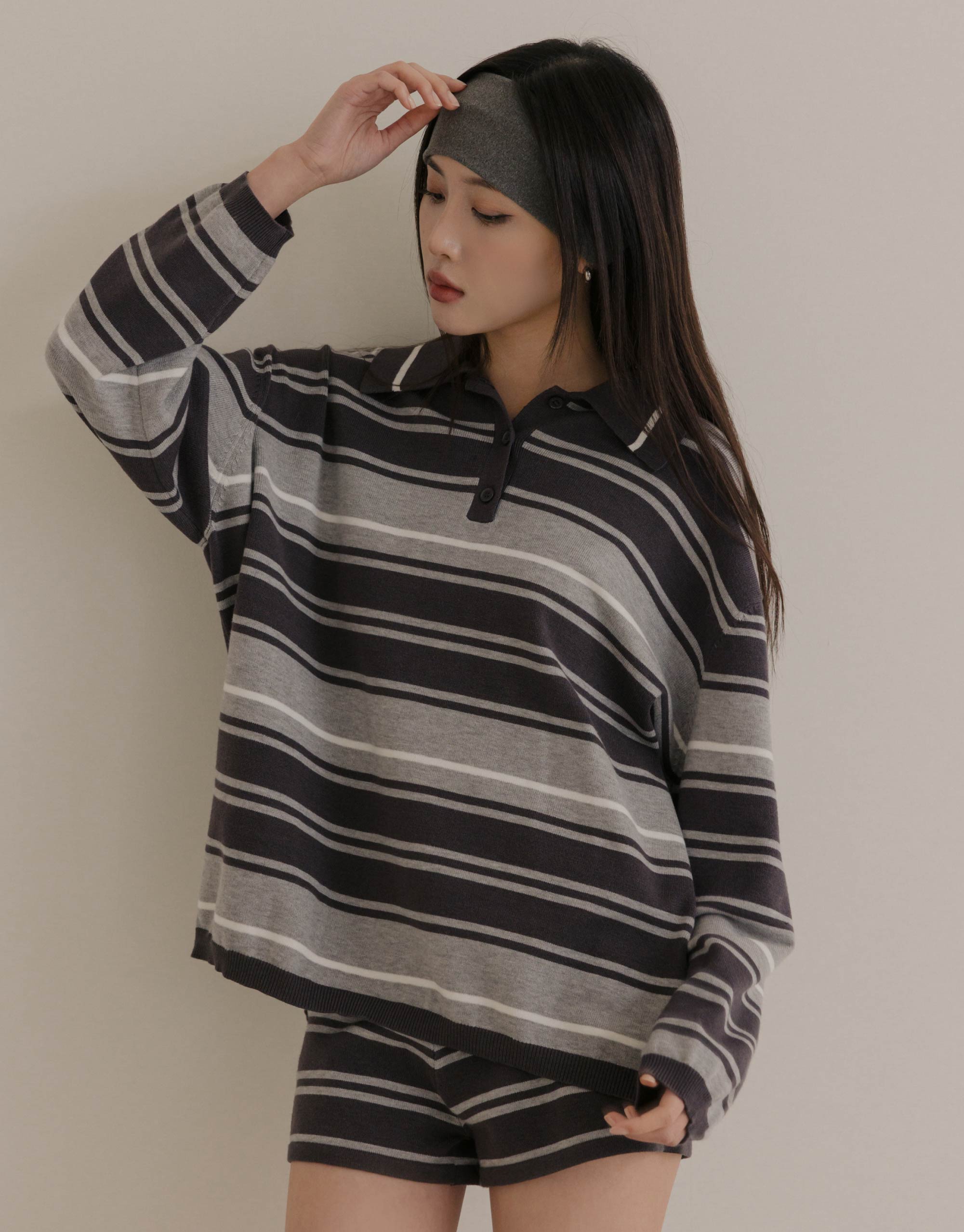 襯衫領條紋針織上衣