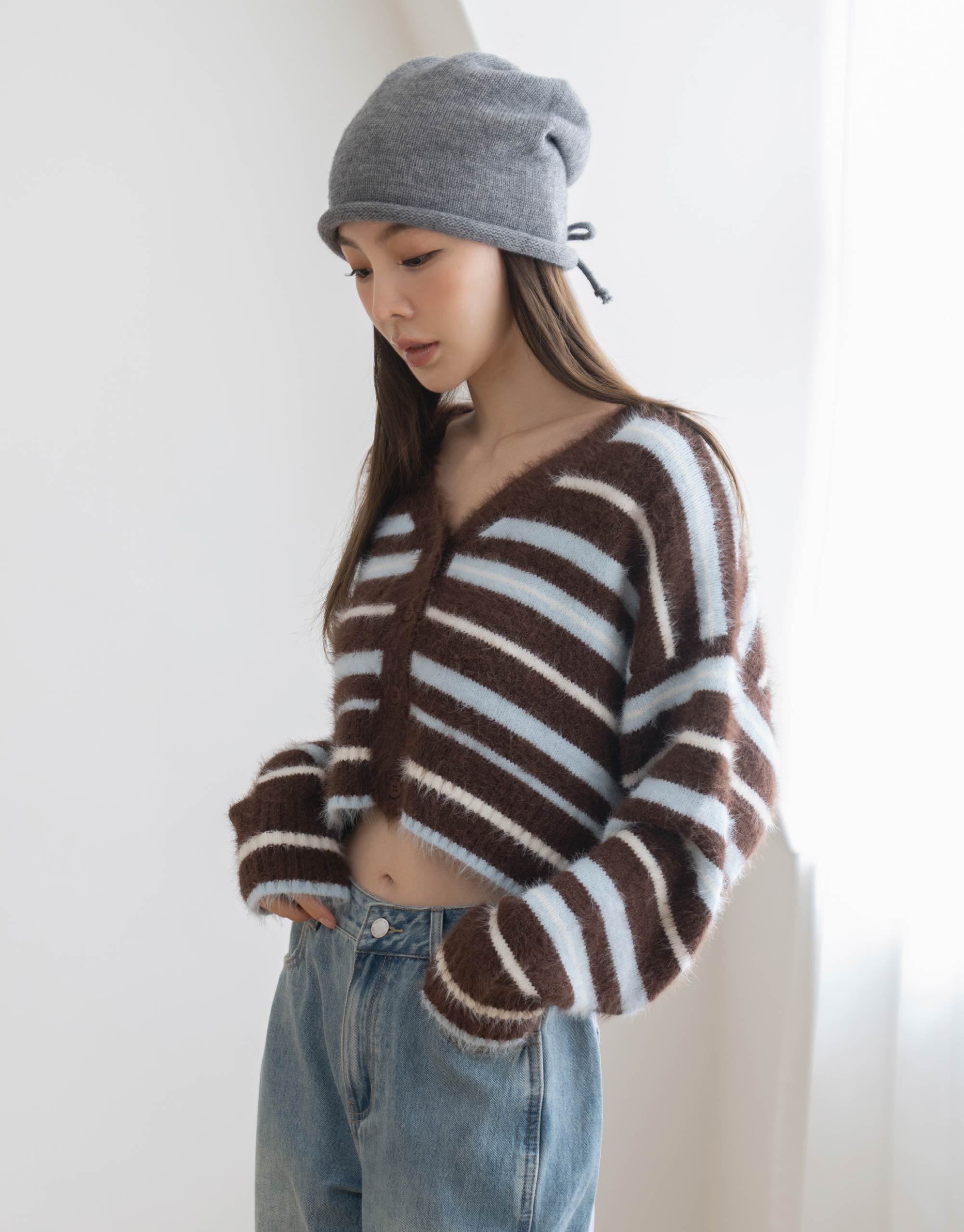 條紋仿貂毛開襟針織外套