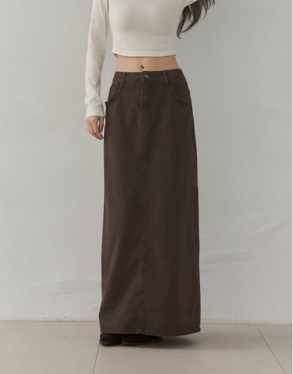 花邊口袋斜紋長裙