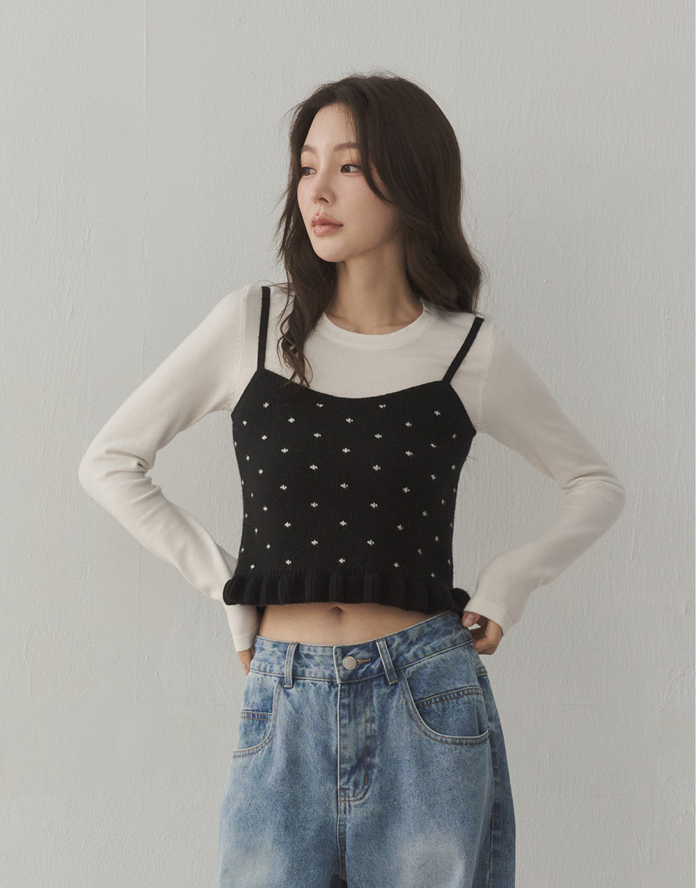 點點荷葉邊針織背心