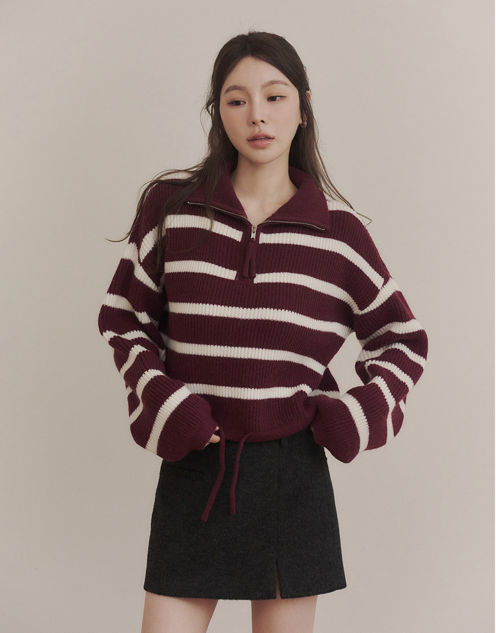 拉鍊翻領條紋毛衣