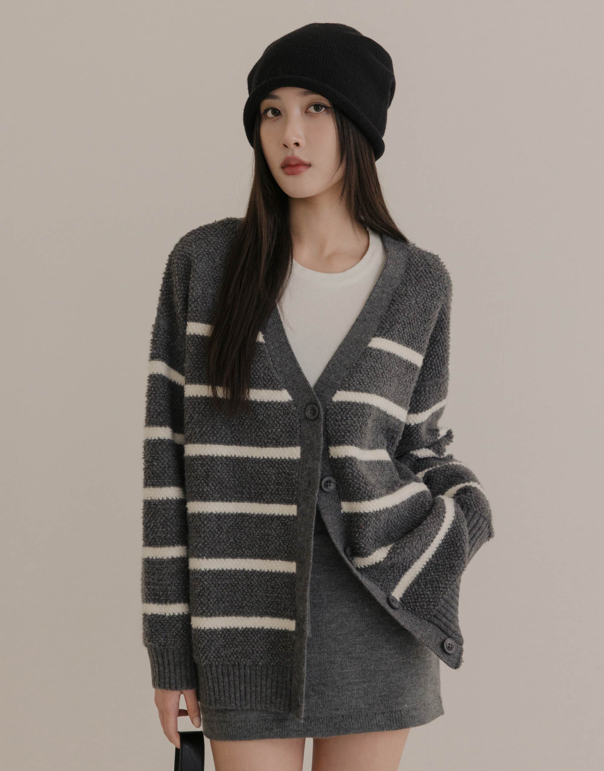 條紋捲捲毛開襟針織外套