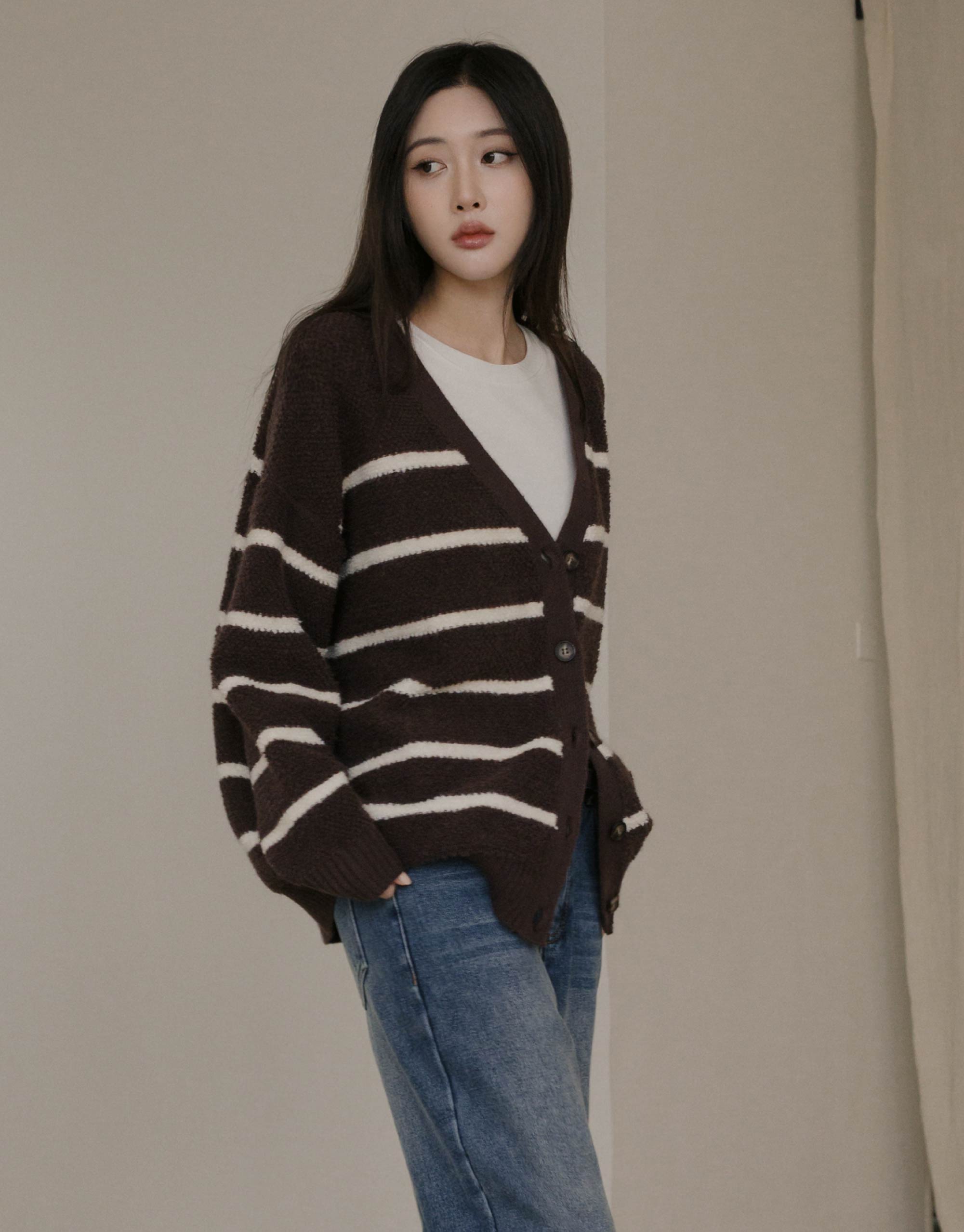 條紋捲捲毛開襟針織外套