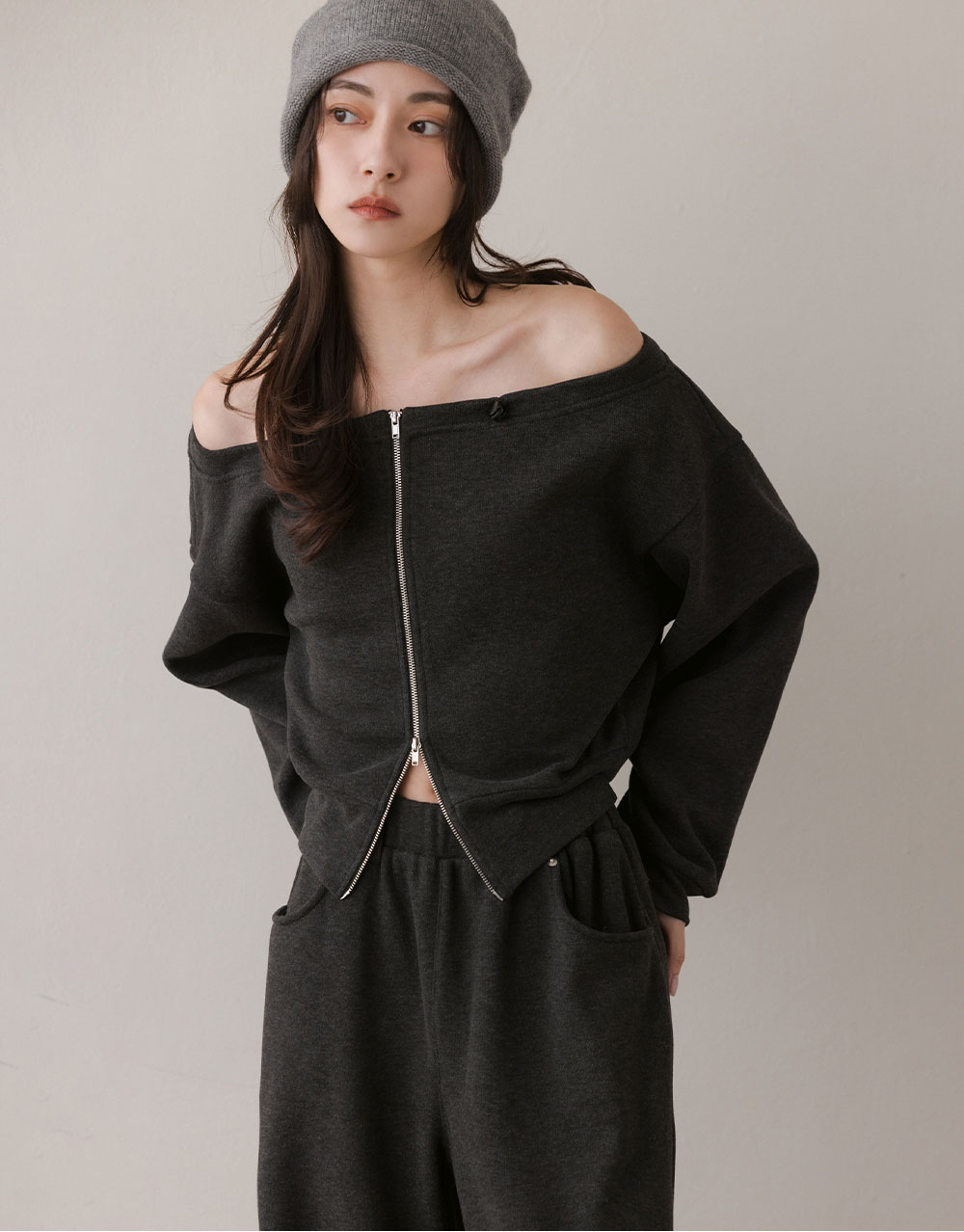 暖絨雙拉鍊一字領上衣