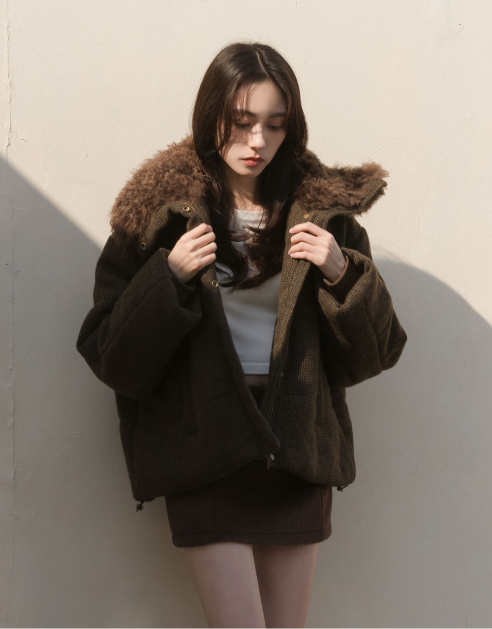 毛毛領鋪棉格紋羊毛外套