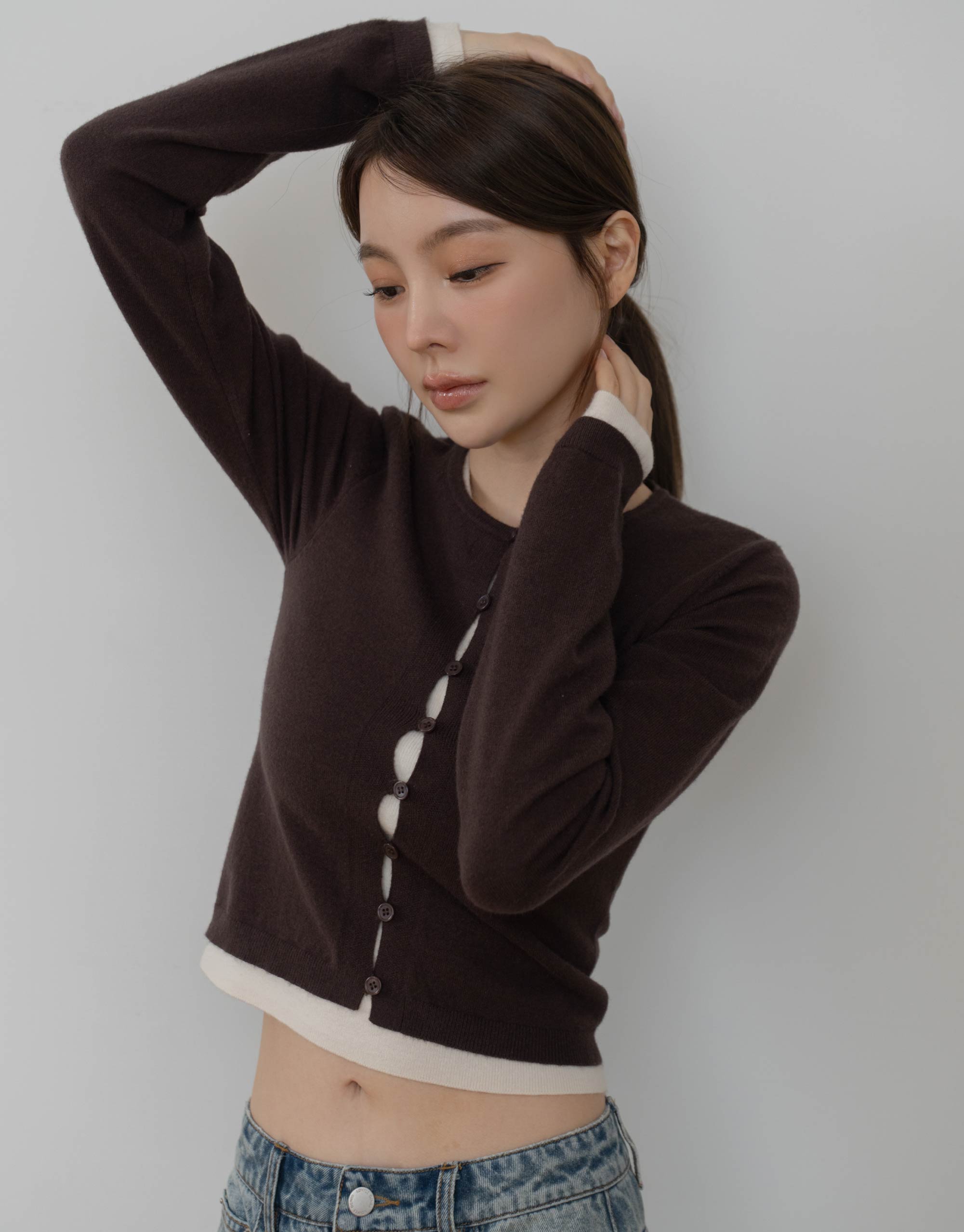 羊毛假兩件開襟針織上衣