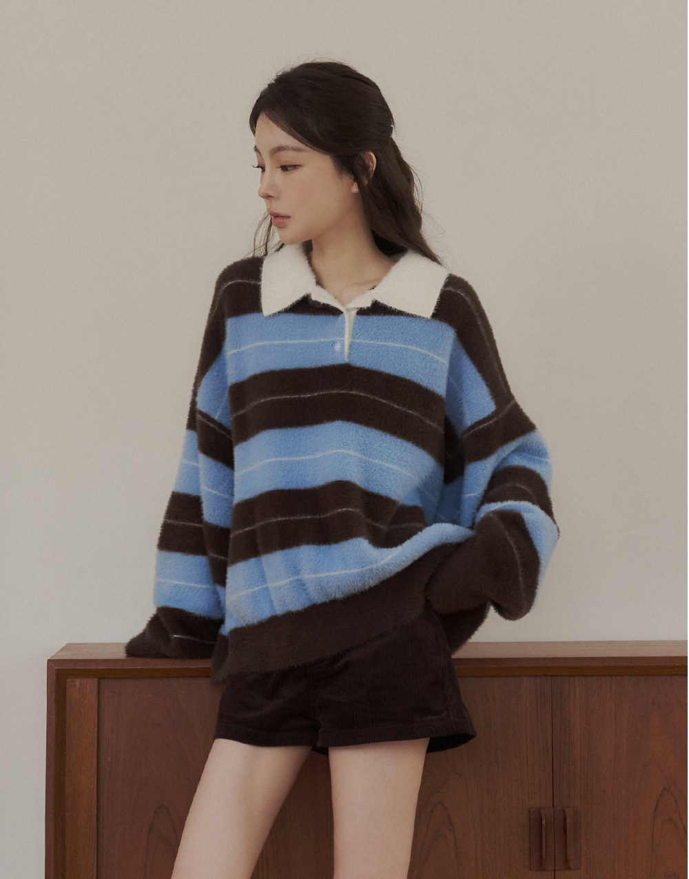 仿貂毛條紋撞色毛衣