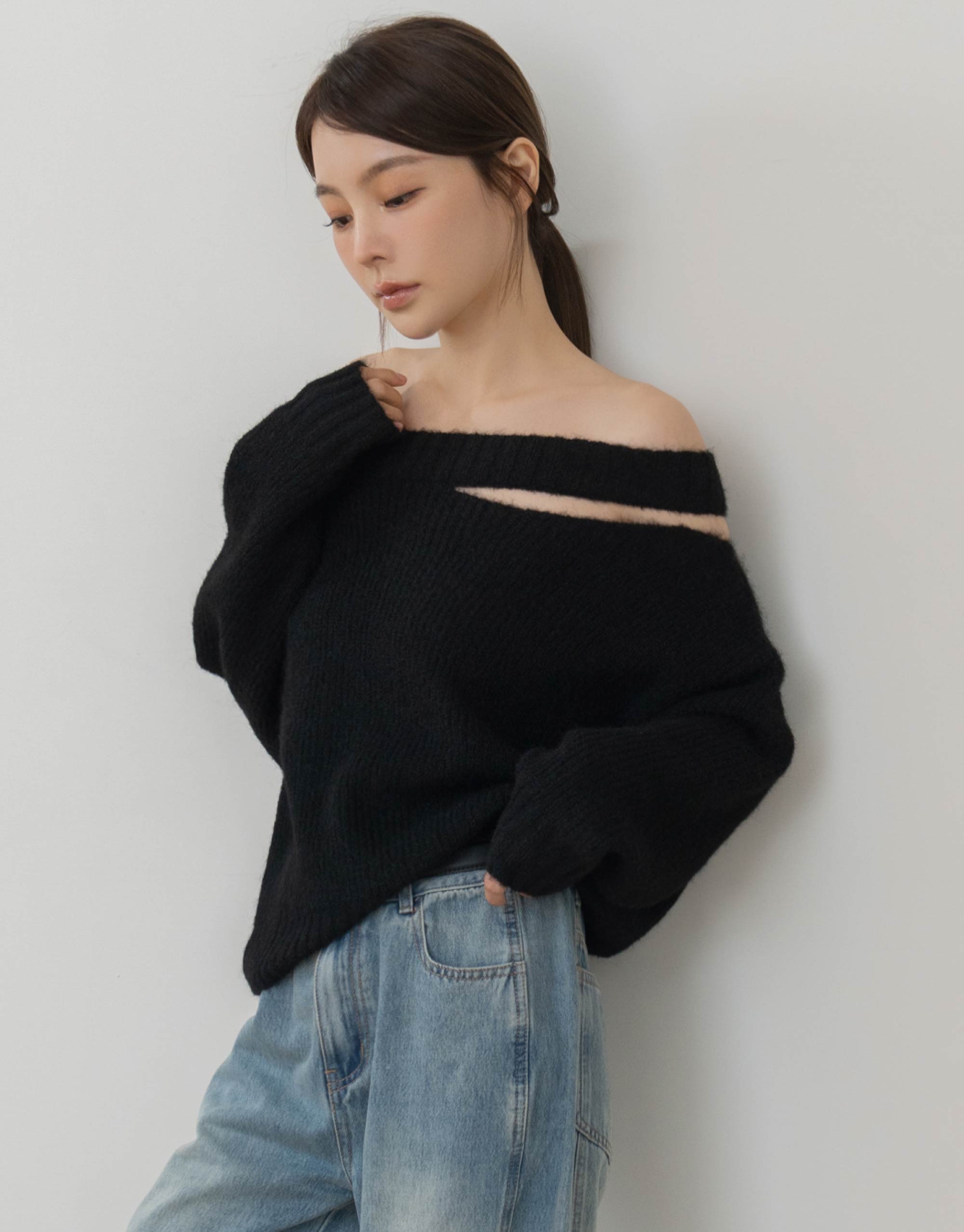 羊毛平口不對稱毛衣