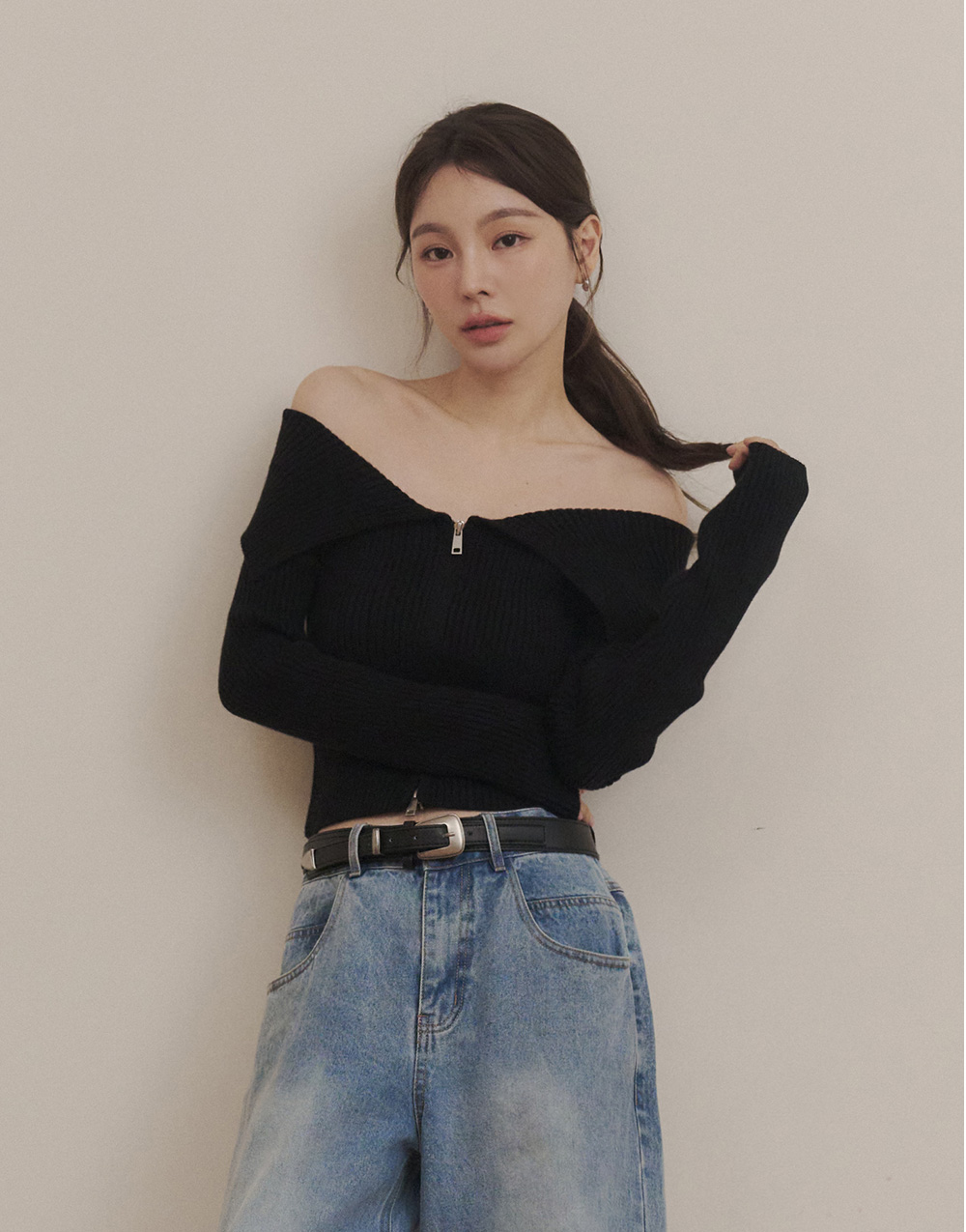 雙拉鍊翻領針織上衣