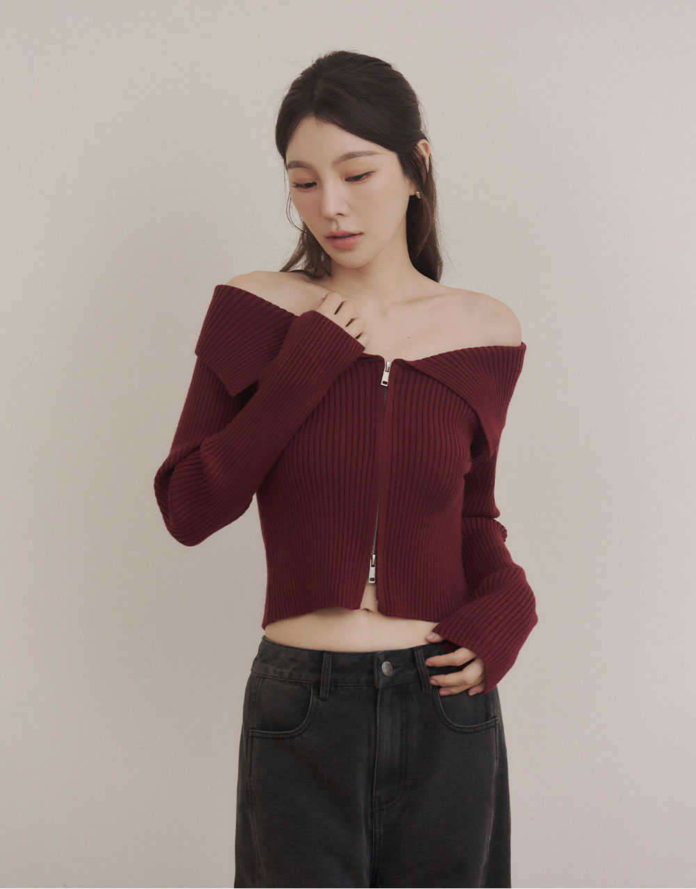 雙拉鍊翻領針織上衣