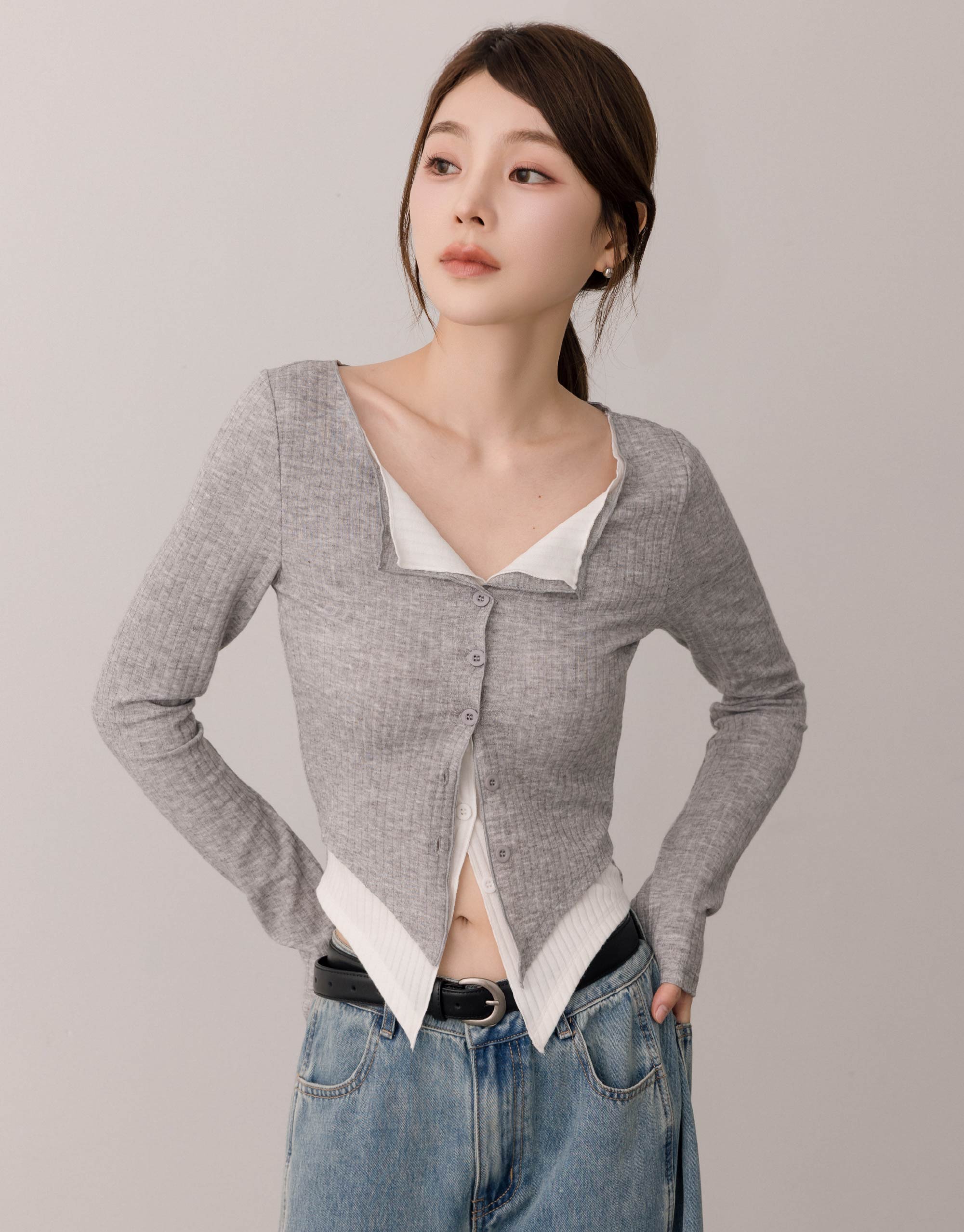 假兩件直坑條上衣