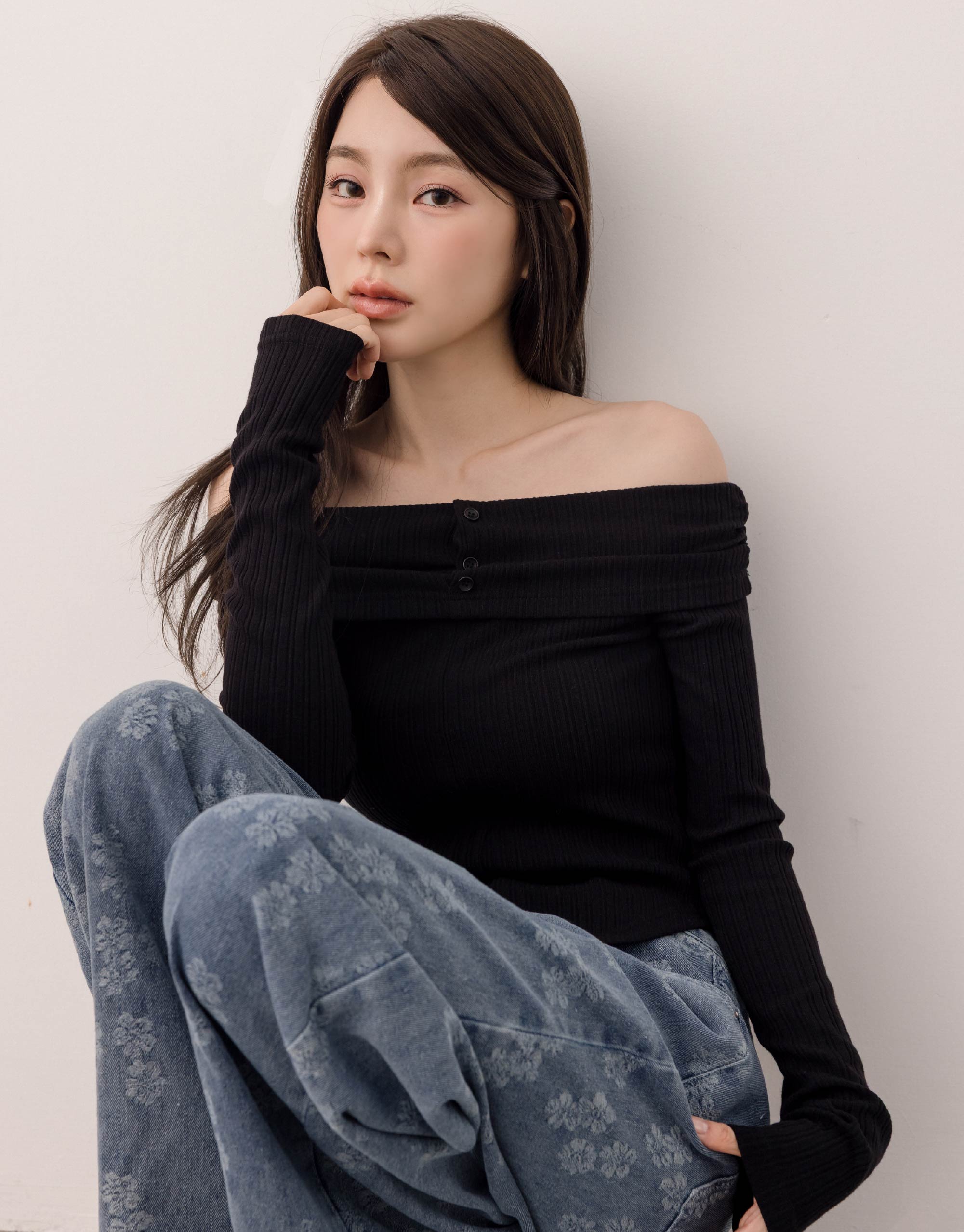 直坑條一字領長袖上衣