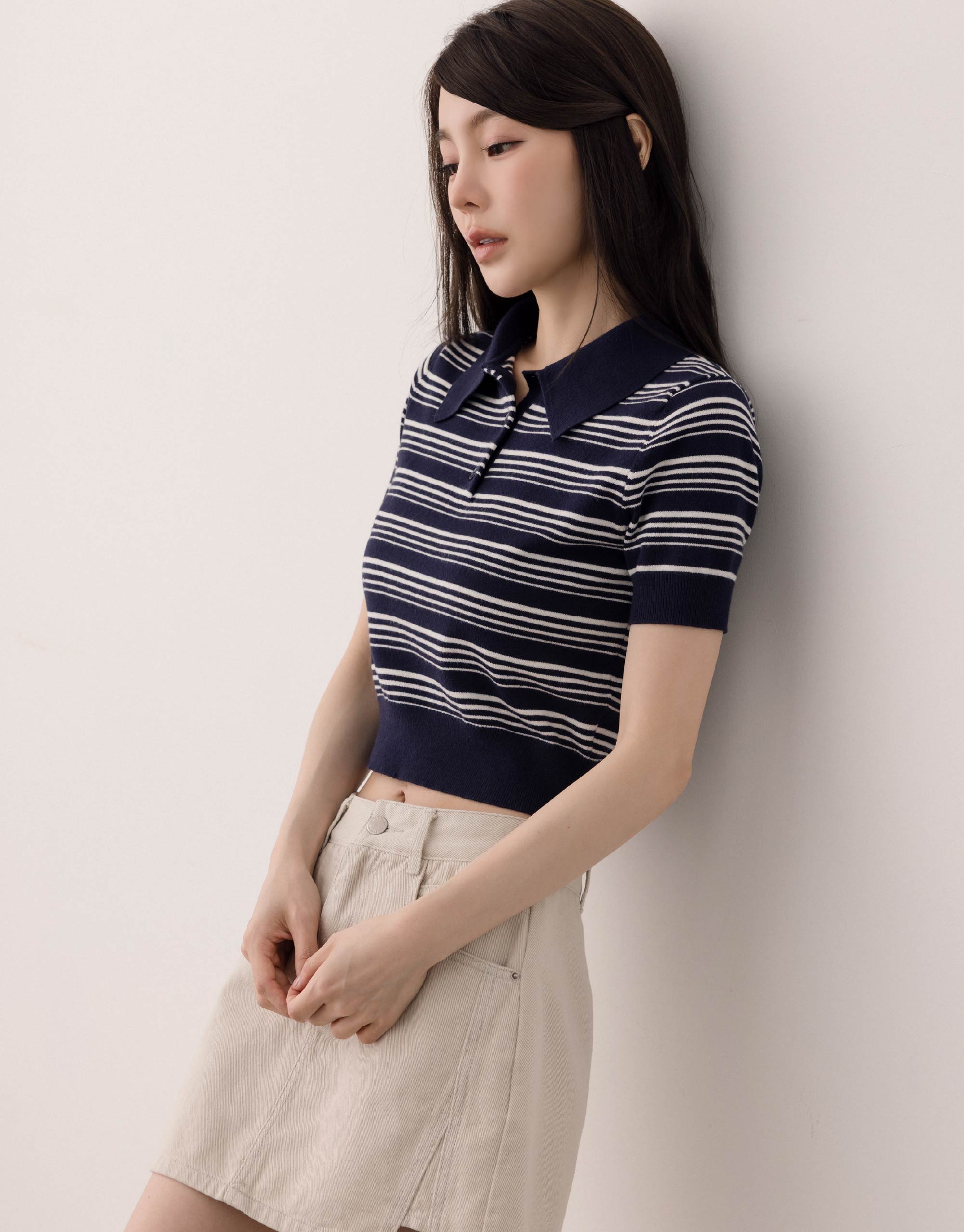 條紋襯衫領針織上衣