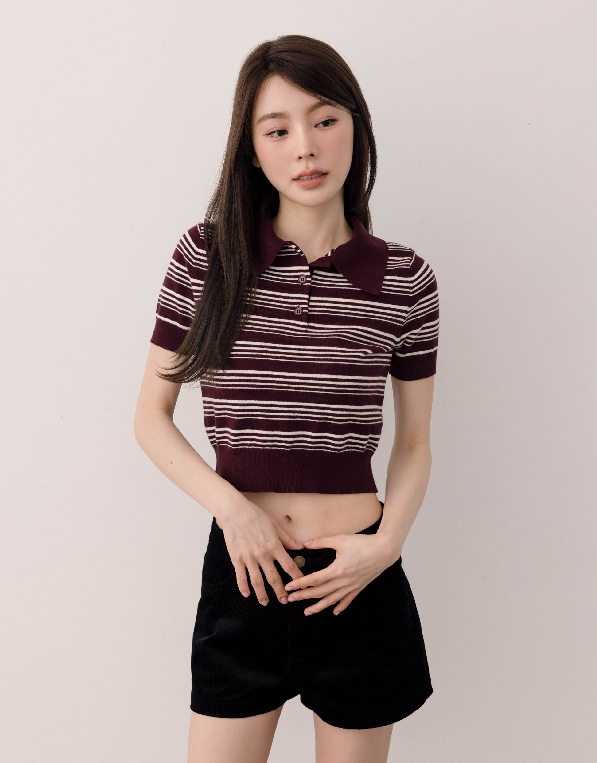 條紋襯衫領針織上衣