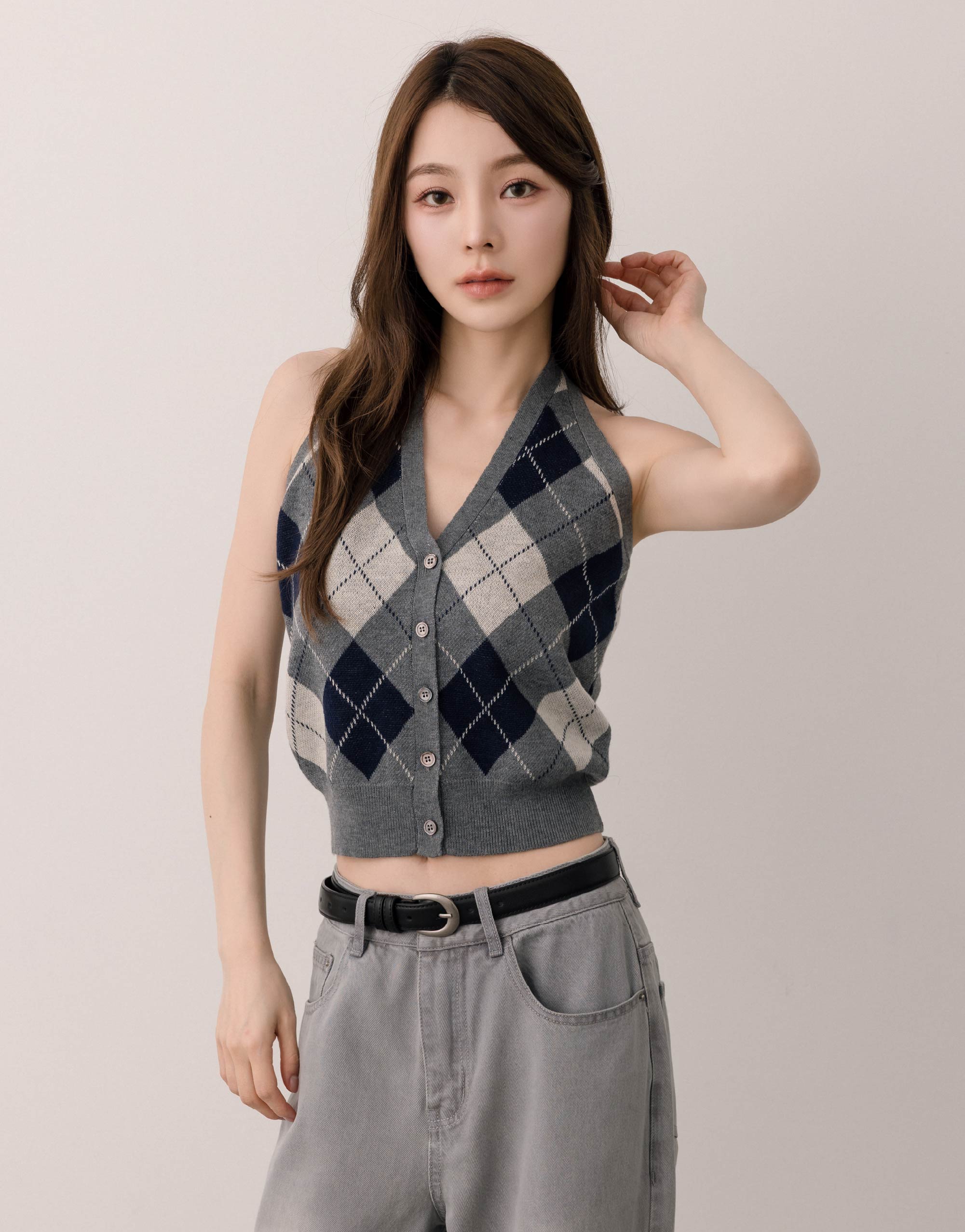 繞脖菱格紋針織背心