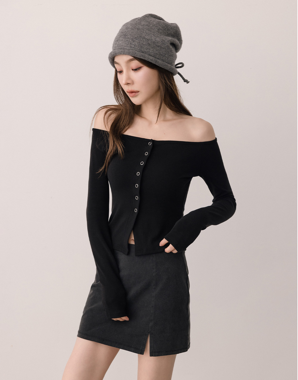 萊賽爾一字領壓釦上衣