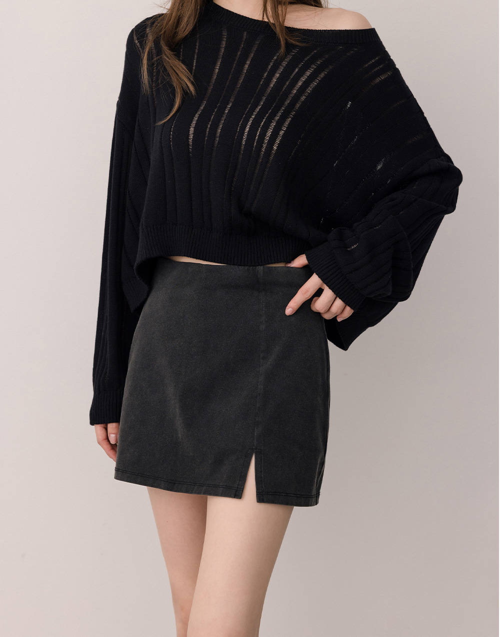 洗舊側開衩短裙