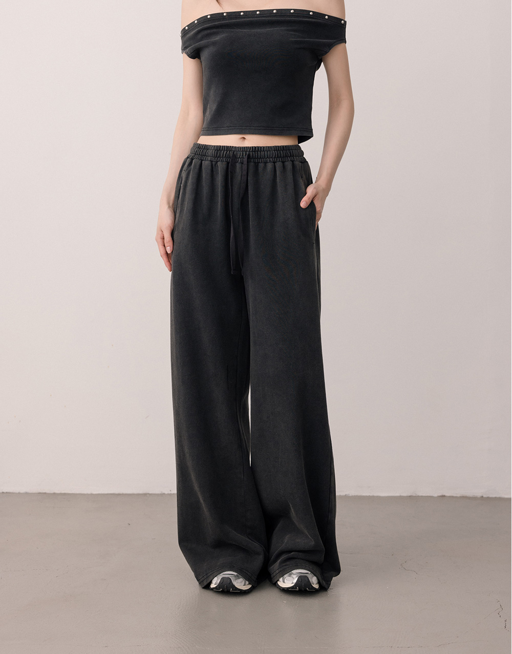 洗舊腰抽繩頭長褲