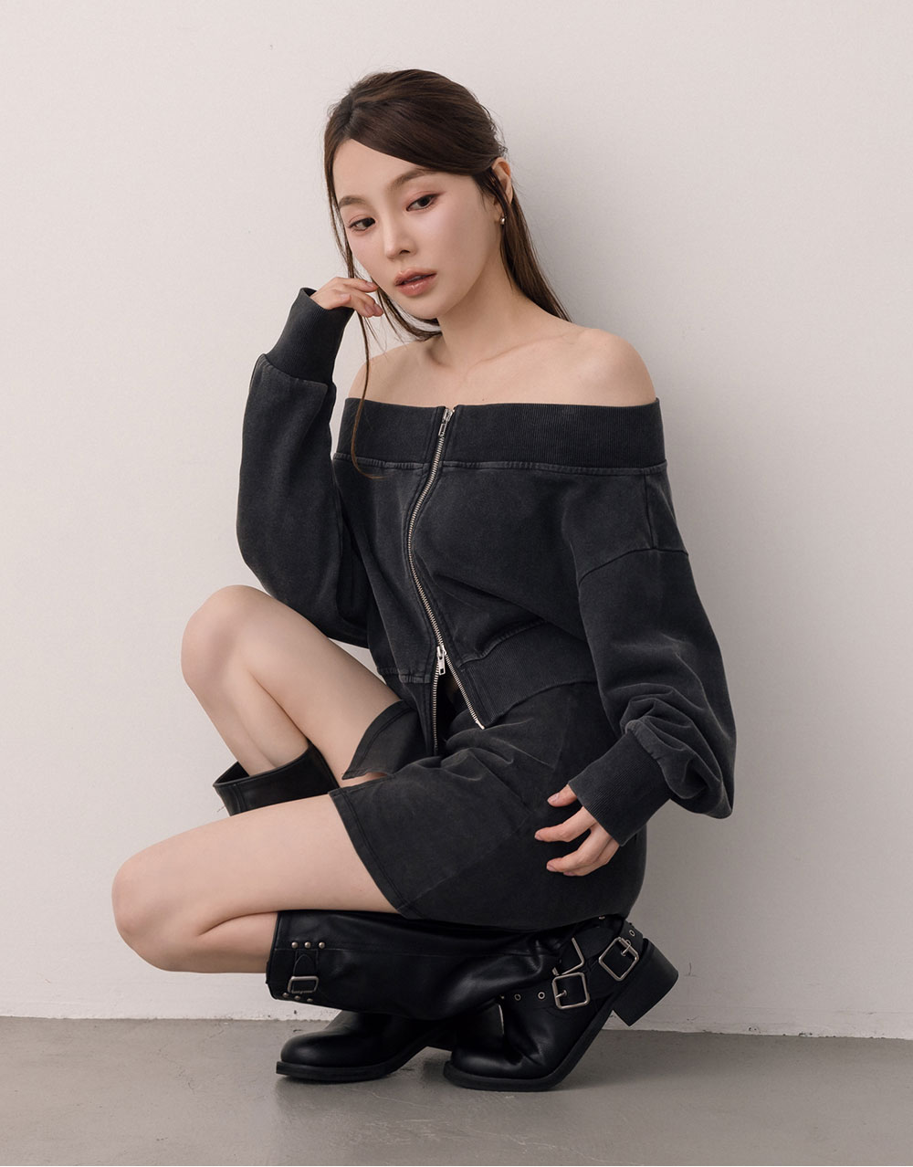 洗舊雙拉鍊一字領上衣