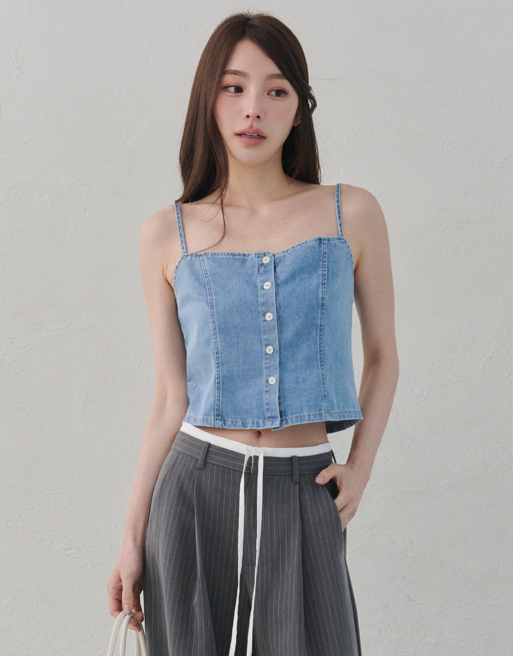 排釦細肩牛仔背心