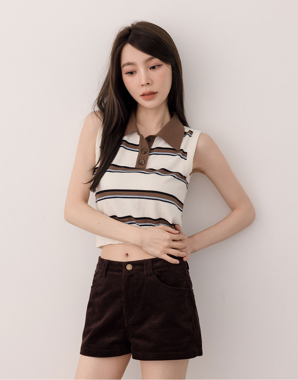 襯衫領條紋針織上衣