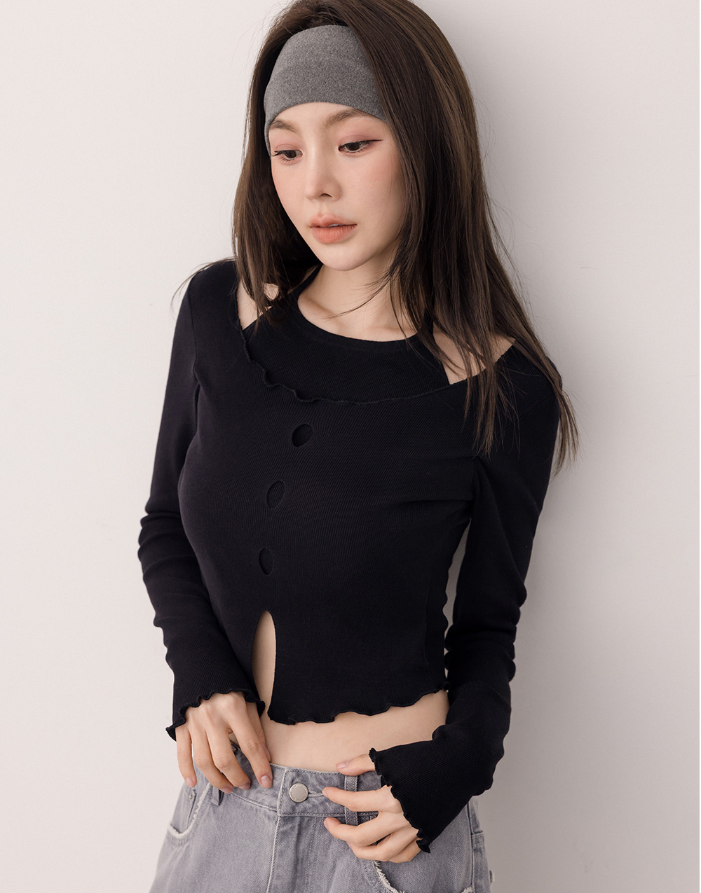 繞脖捲邊假兩件針織上衣