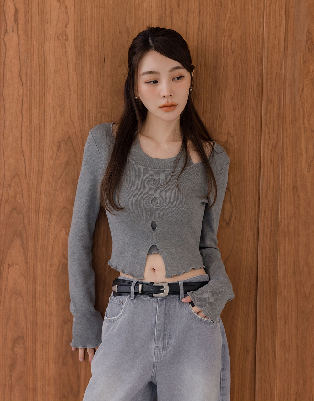 繞脖捲邊假兩件針織上衣