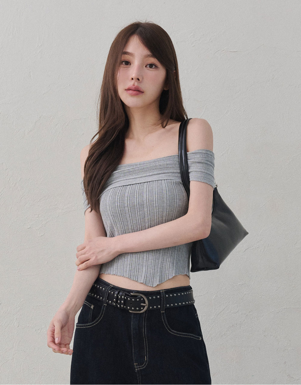 一字領坑條翻領針織上衣