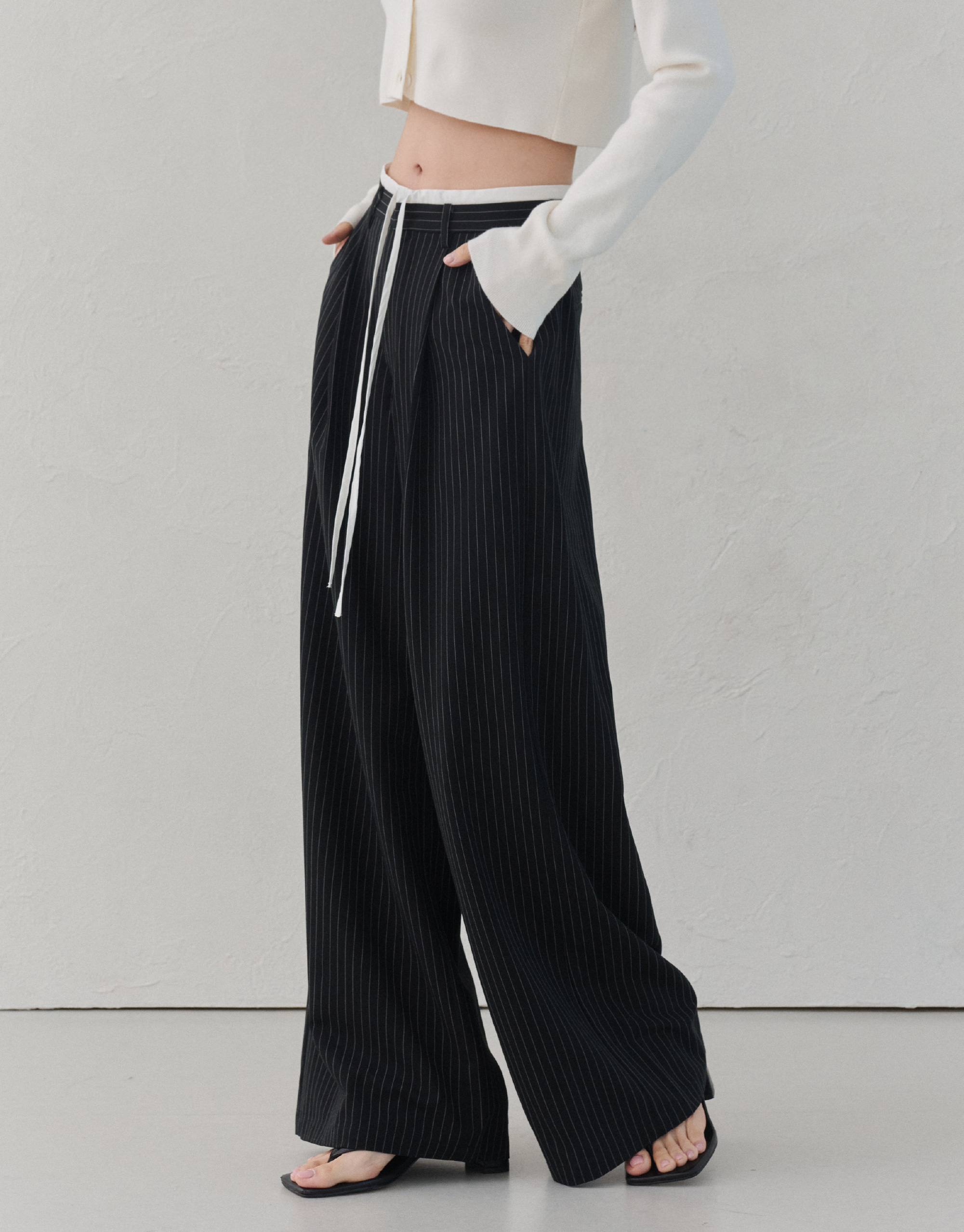 撞色腰頭條紋長褲