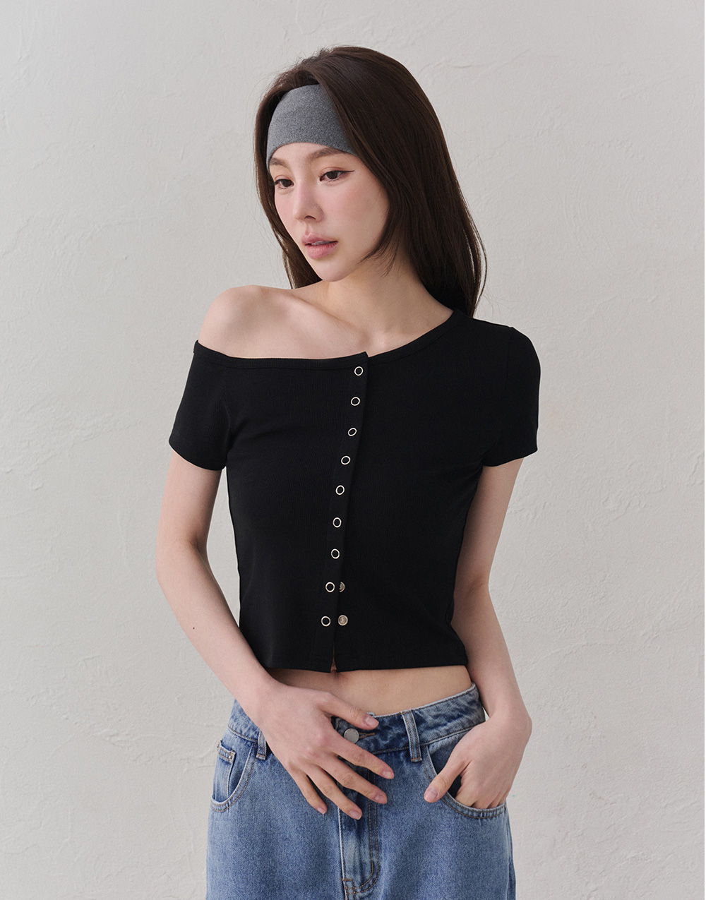 斜肩壓釦羅紋短袖上衣