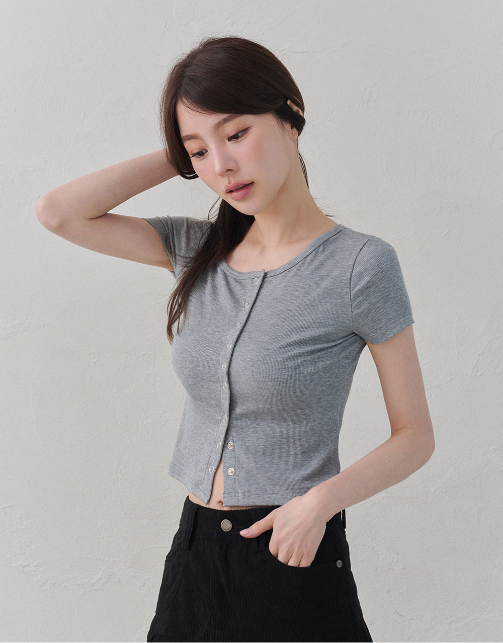 斜肩壓釦羅紋短袖上衣