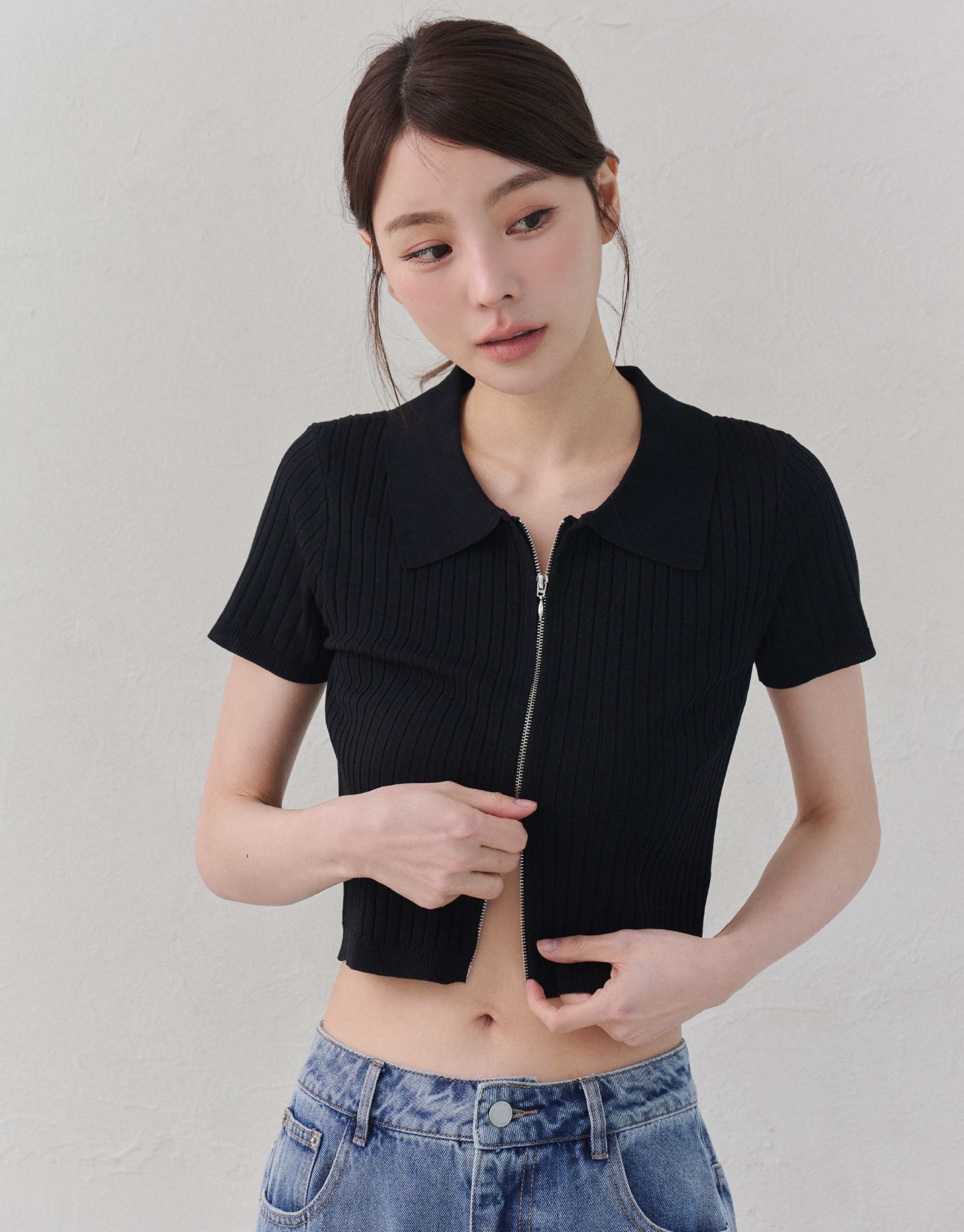 翻領雙拉鍊針織上衣