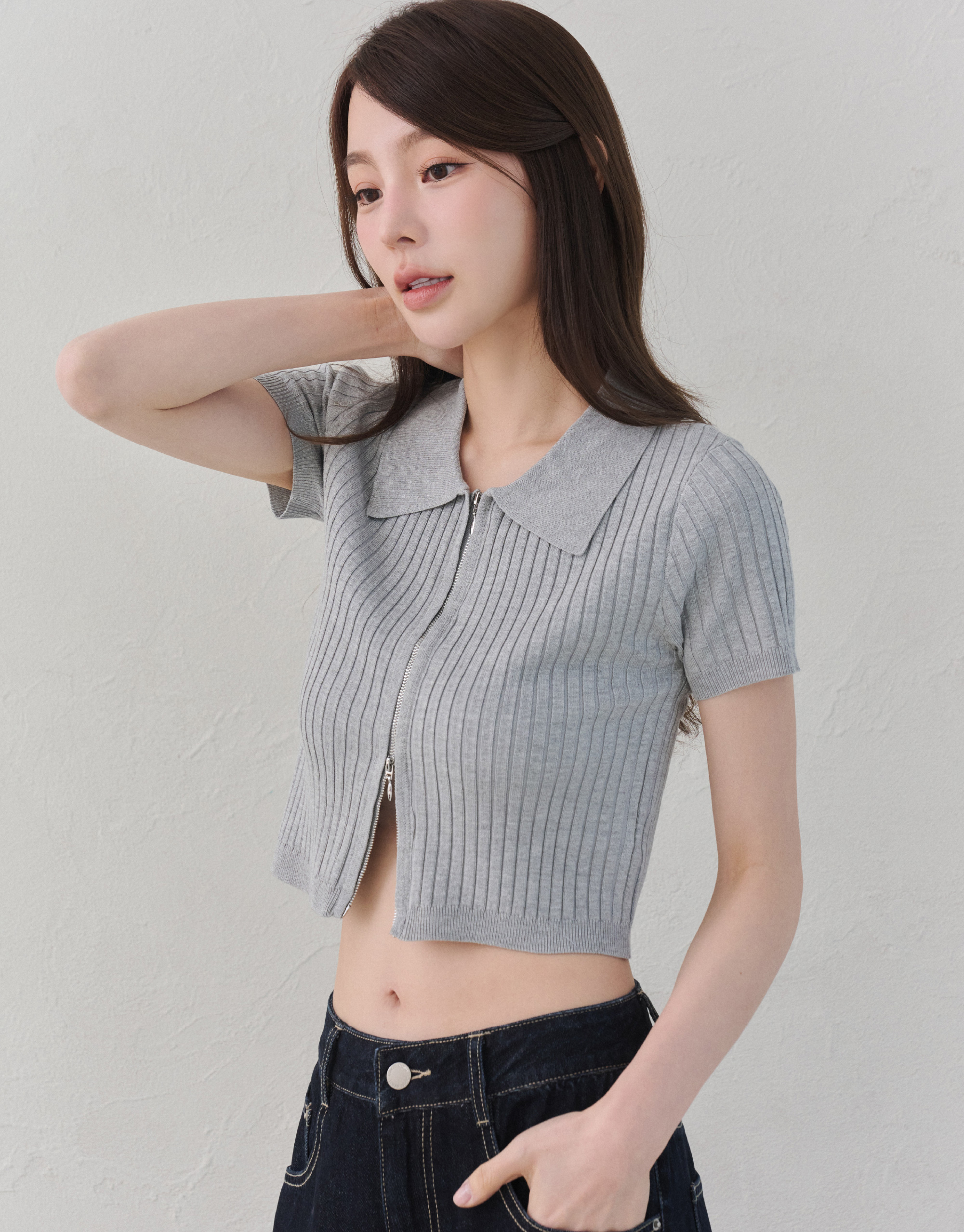 翻領雙拉鍊針織上衣