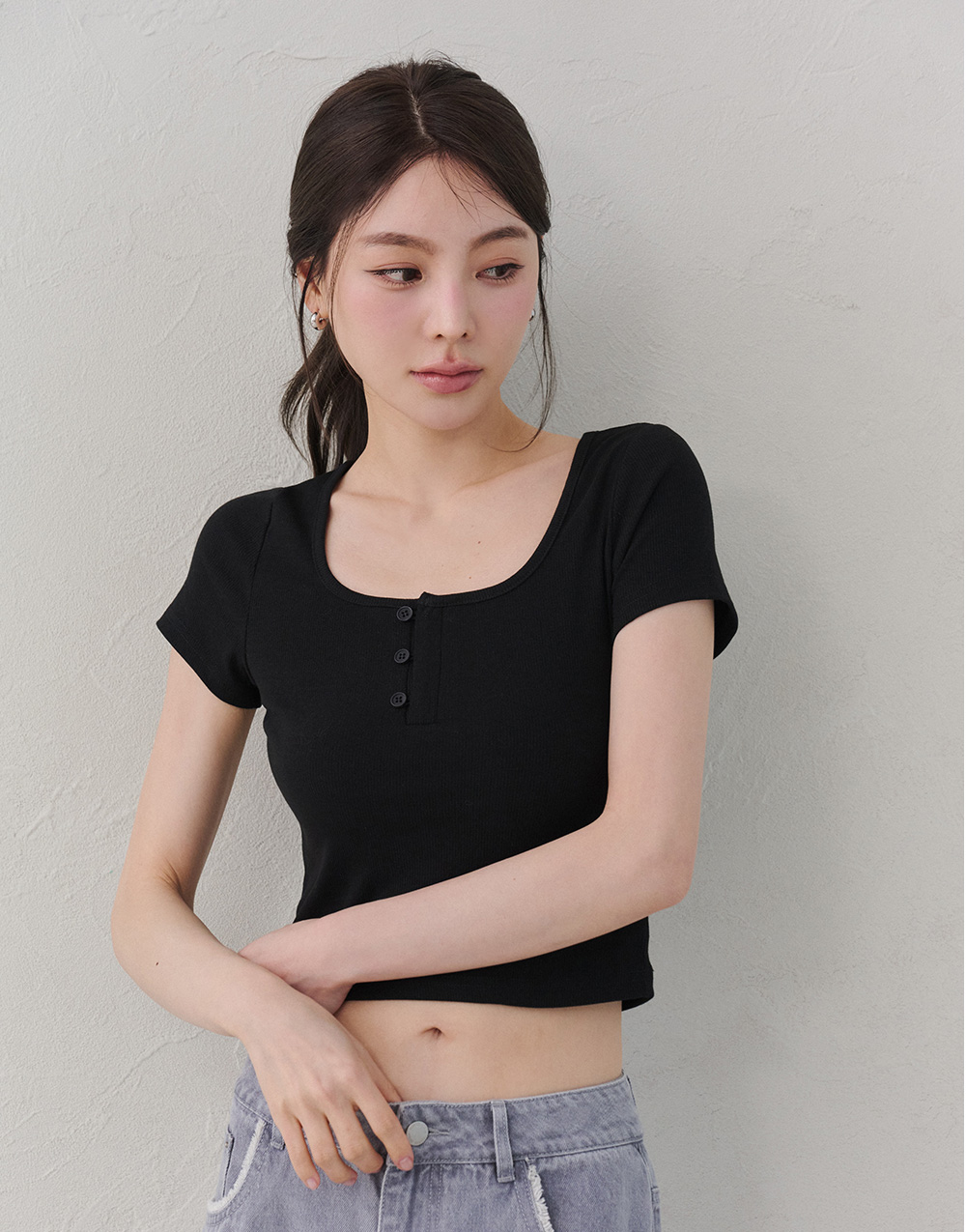 方領羅紋半開襟上衣