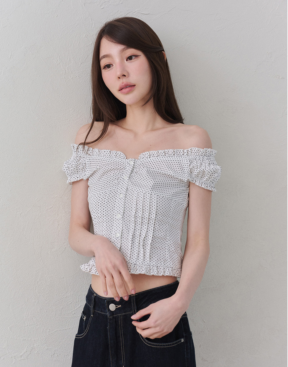 點點荷葉一字領上衣